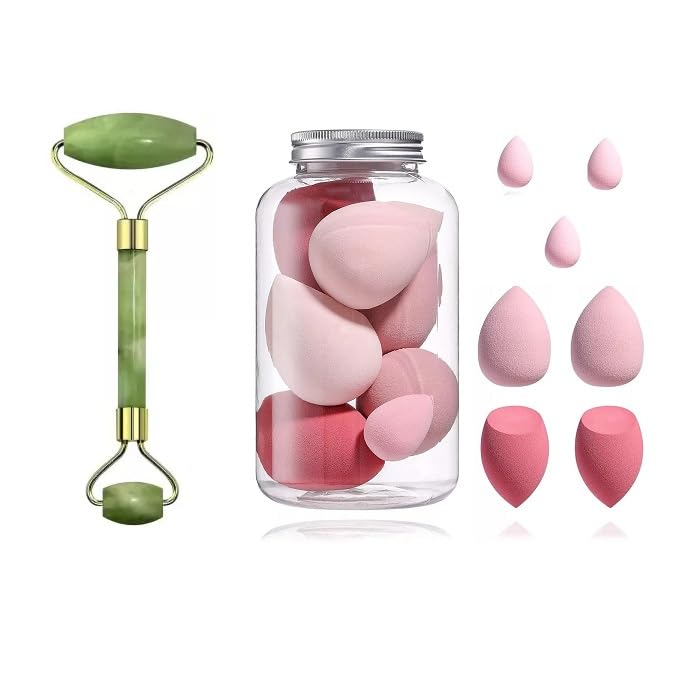 Lusty Soul Jade Double Ended Green Stone Face Massager & Roller with Jar Puff Set - 2 Piece Skincare Tools for Facial Massage, Anti-Aging & Relaxation - Perfect for Home Spa, Self-Care & Beauty Routine