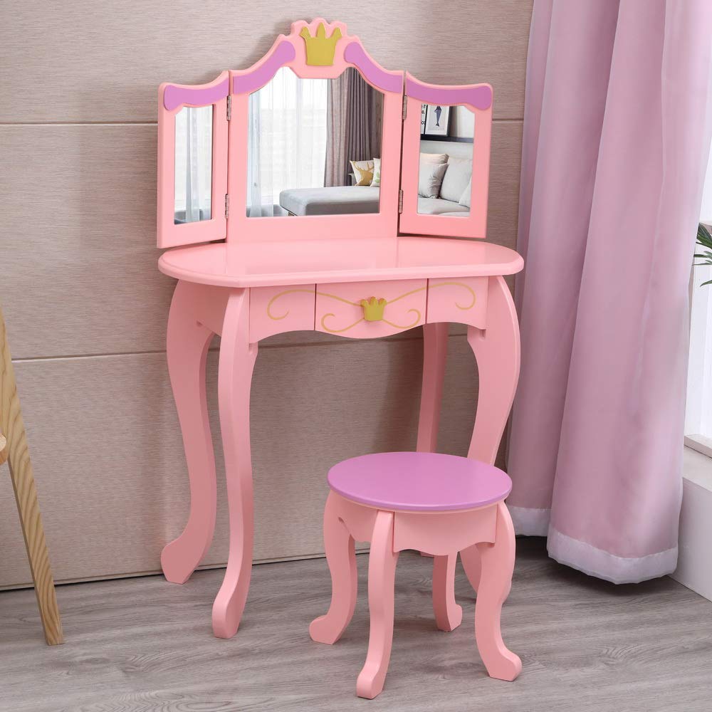 Princess Makeup Vanity Set for Kids with Mirror & Stool - Perfect for Playroom & Gifts