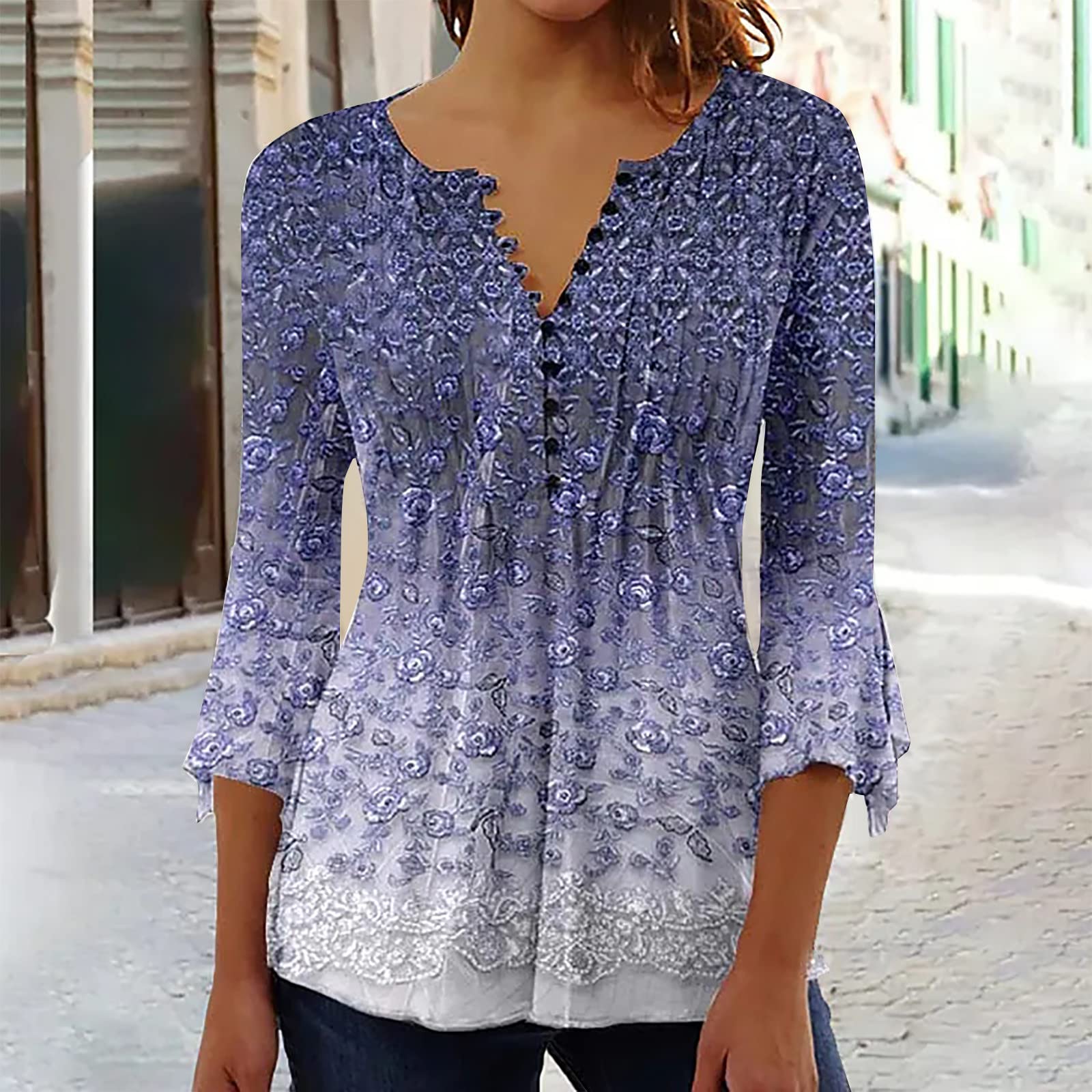 Trendy Women's Summer Tops - 3/4 Sleeve V-Neck Button-Up Tunic Blouse with Floral Pleated Design | Perfect for Beach Outings, Casual Wear & Office Attire