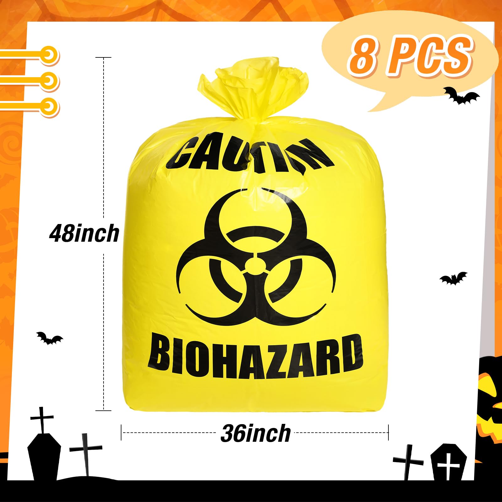 Qilery 8-Pack Large Halloween Leaf Trash Bags - Heavy Duty Plastic Lawn Waste Bags for Outdoor Fall Cleanup, Biohazard Party Decor, Zombie Themed Halloween Garden & Yard Waste Collection - Perfect for Halloween Parties, Yard Work, and Spooky Decorations