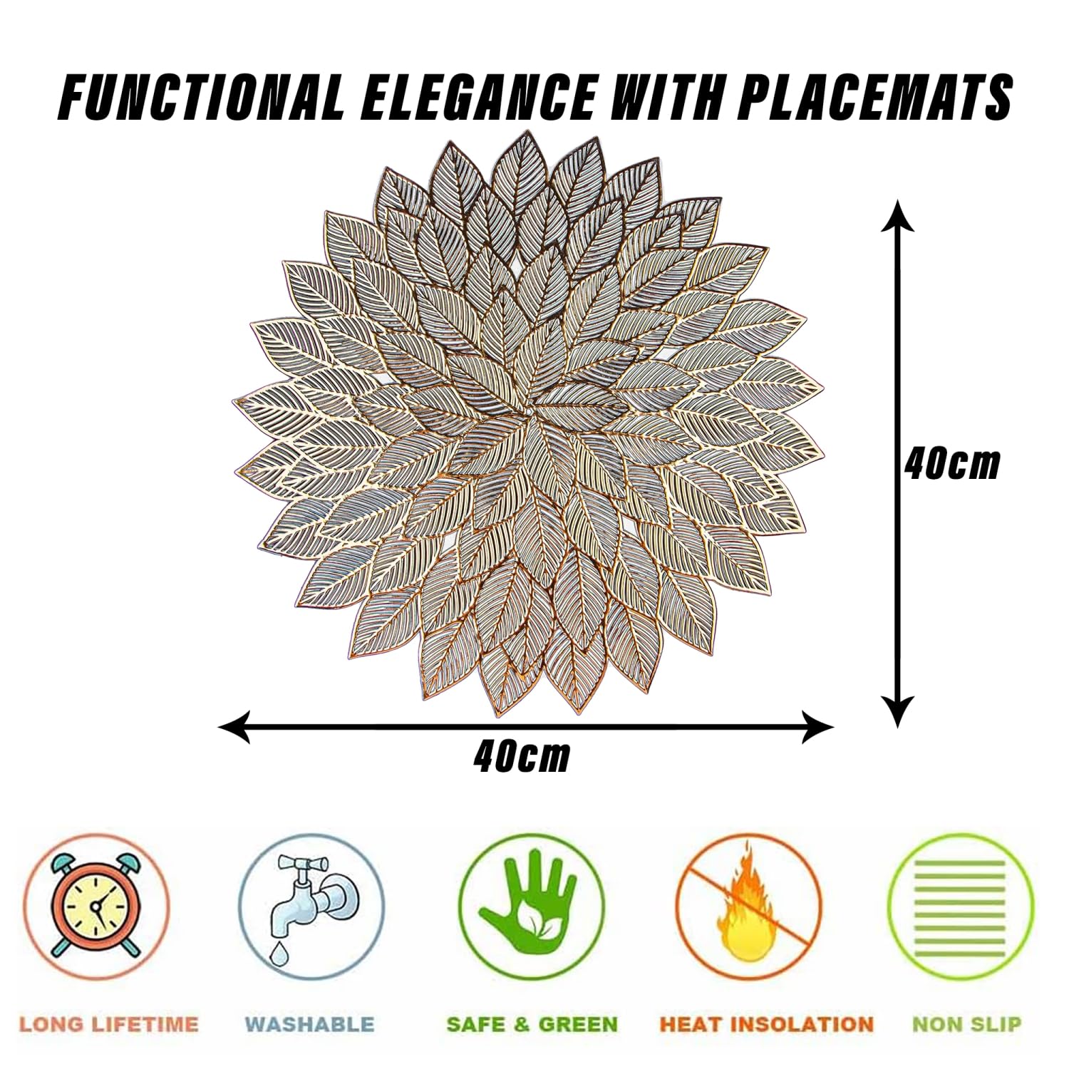 Kuber Industries Designer Round Flower Placemat Set - 4 Piece Golden Table Mats for Dining Room, Side Tables, and Home Decor