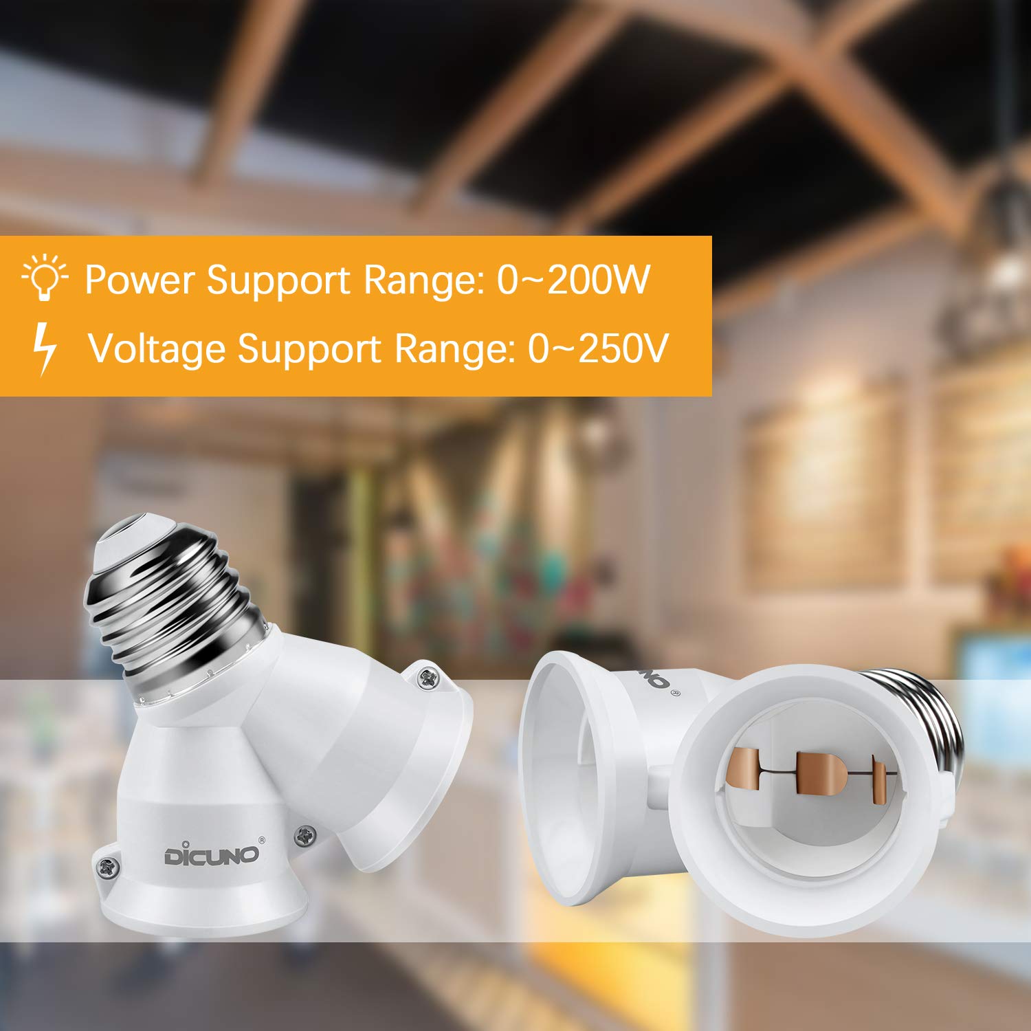 DiCUNO 2-in-1 E26 Socket Splitter Adapter - Convert 1 Socket to 2 Bulbs, Y-Shaped Medium Base Lamp Holder, 200W Max & 165℃ Heat Resistant - Perfect for Bedroom, Living Room & Office Lighting (2-Pack)