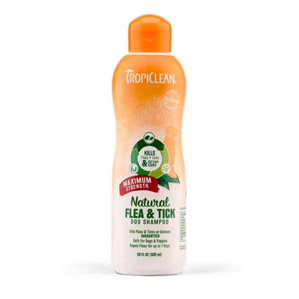 Tropiclean Natural Flea & Tick Dog Shampoo - Maximum Strength Formula for Dogs & Puppies - 20oz Bottle - Kills Fleas, Ticks & Mosquitoes - Perfect for Bath Time & Outdoor Adventures