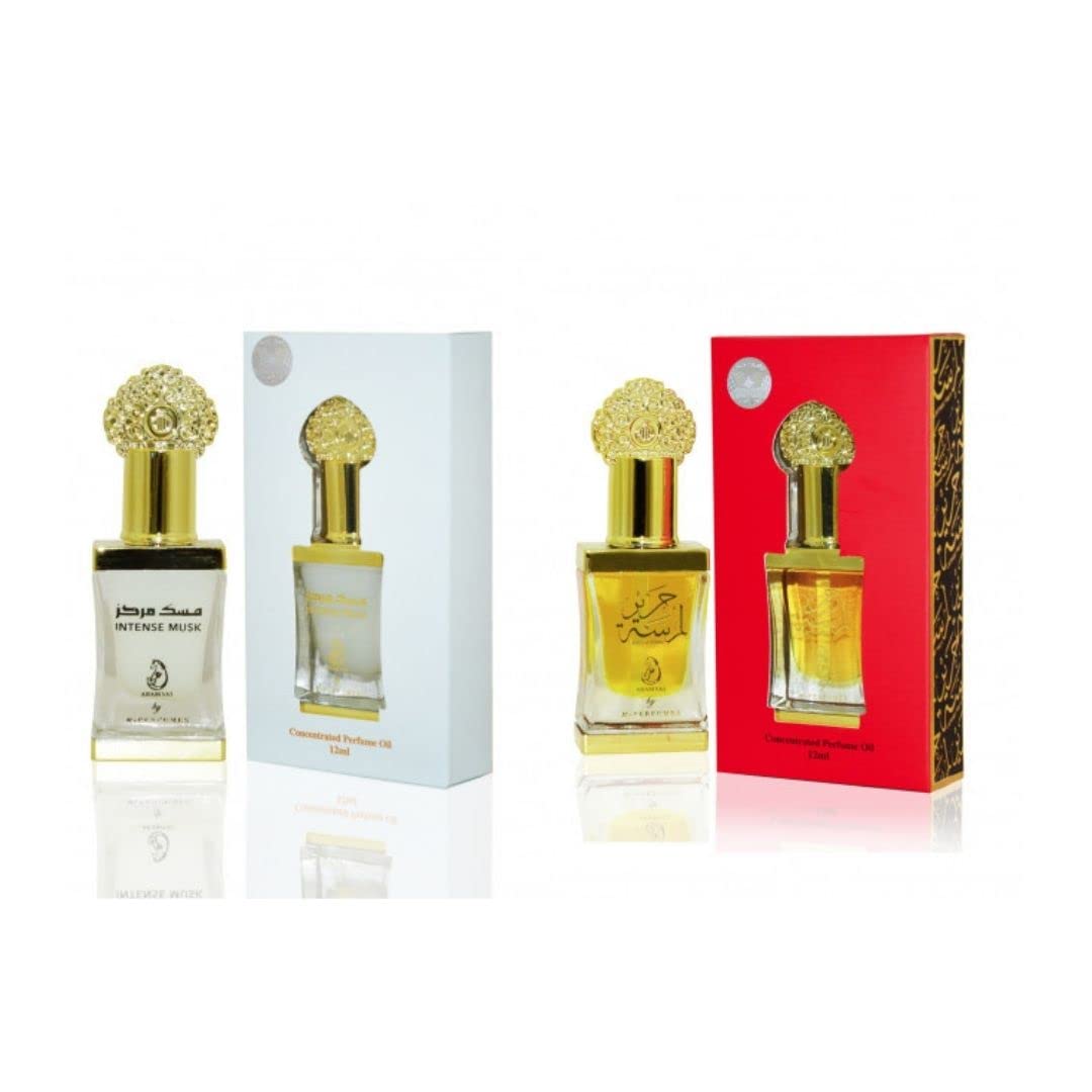 Arabiyat Lamsat Harir & Intense Musk Concentrated Perfume Oil Set (2 x 12ml) - Long-Lasting Attar for Men & Women, Unisex Arabic Perfume Combo - Perfect for Daily Wear, Special Occasions & Gift Giving
