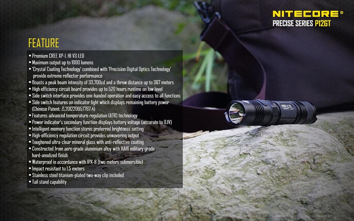 Nitecore P12GT 1000 Lumens Tactical Flashlight with CREE XP-L HI V3 LED, Offset Mount & Pressure Switch - Perfect for Camping, Hunting, and Emergency Use