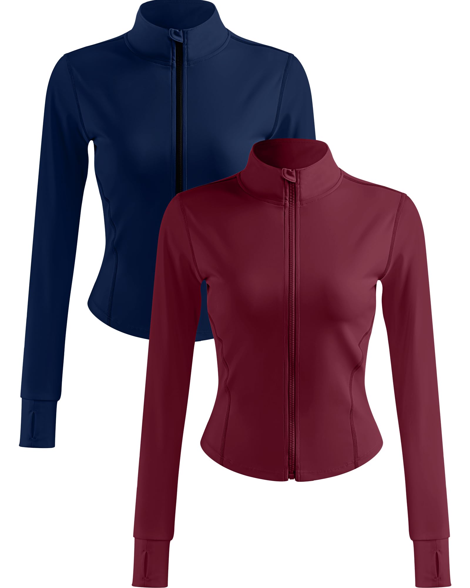 2 Pack Women's Workout Jackets - Long Sleeve Athletic Tops with Thumb Holes & Full Zip Lightweight Running Jackets for Gym, Yoga, Jogging & Outdoor Activities