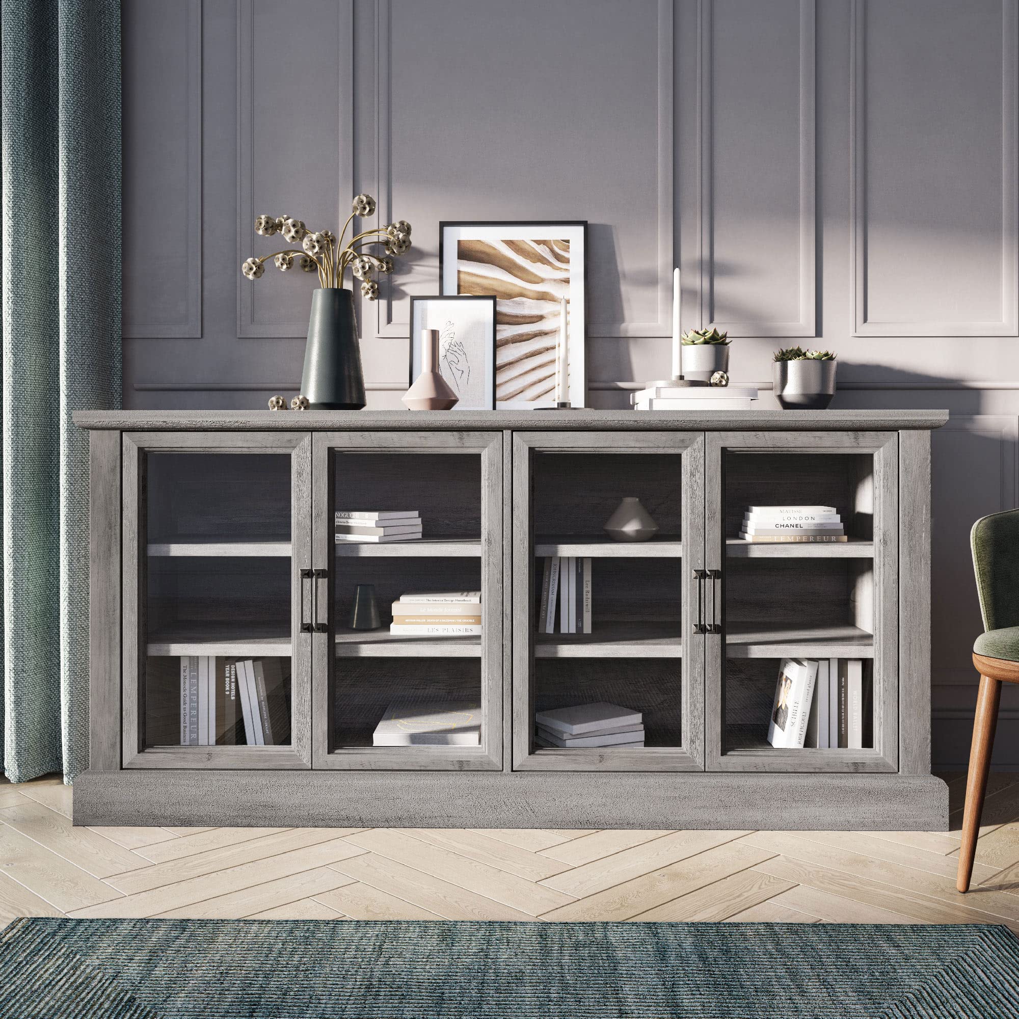 BELLEZE 70 Inch Sideboard Buffet Cabinet with Glass Doors & Adjustable Shelves - Modern Storage Entertainment Center for Living Room, Dining Room - Gray Wash Finish | Perfect for Displaying Collectibles, Storing Dishes & Organizing Home Decor