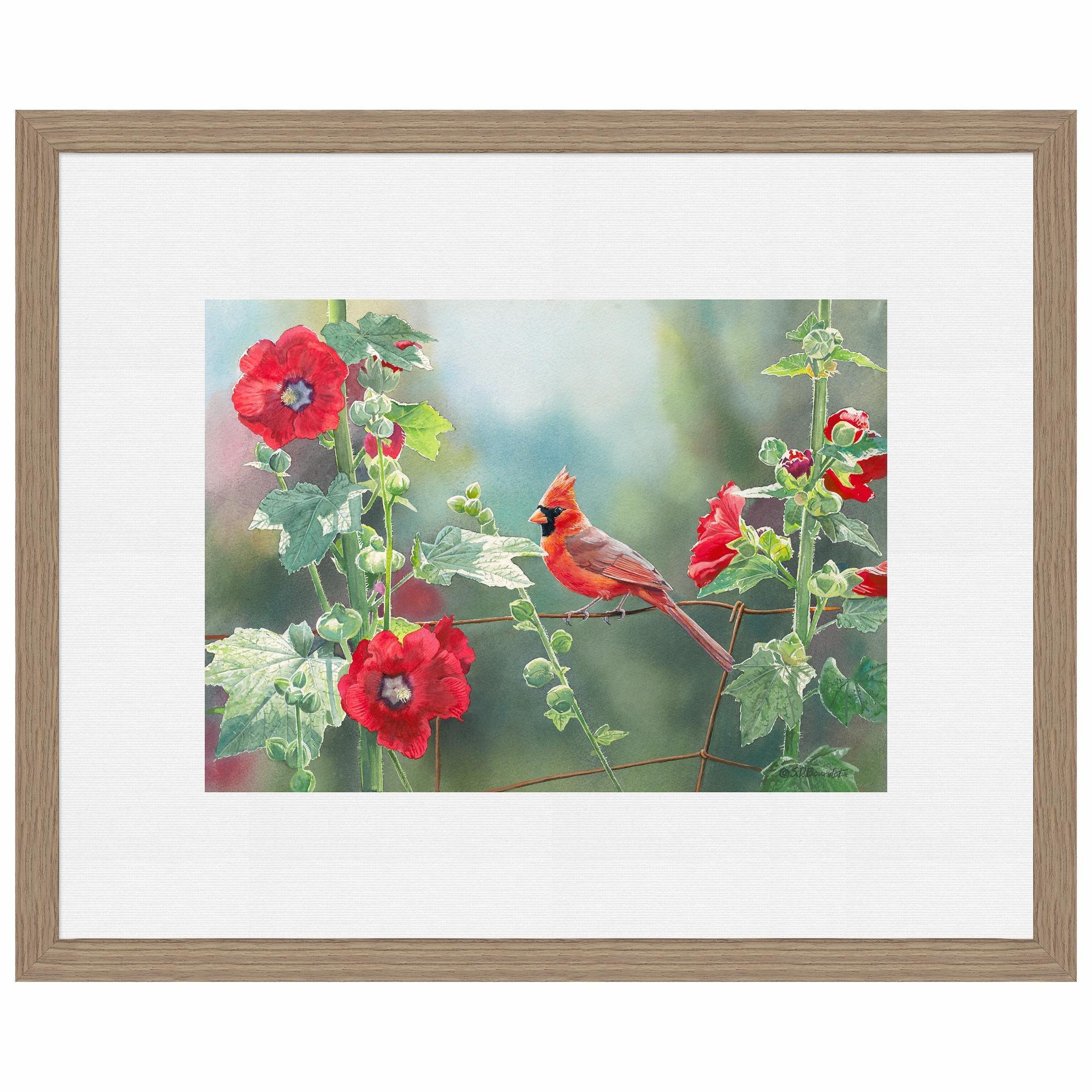 Cardinal and Hollyhocks Wall Art - Vibrant Red Bird and Flower Canvas Painting for Home Decor | Perfect for Living Room, Bedroom, and Office
