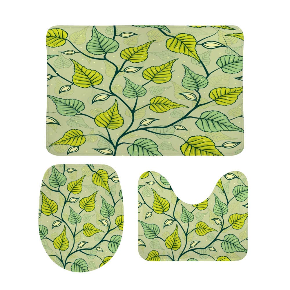 3-Piece Non-Slip Bathroom Rug Set - Soft Coral Fleece Contour Toilet Mat & Shower Mats with Green Leaf Design | Cozy Bathroom Decor for Modern Homes