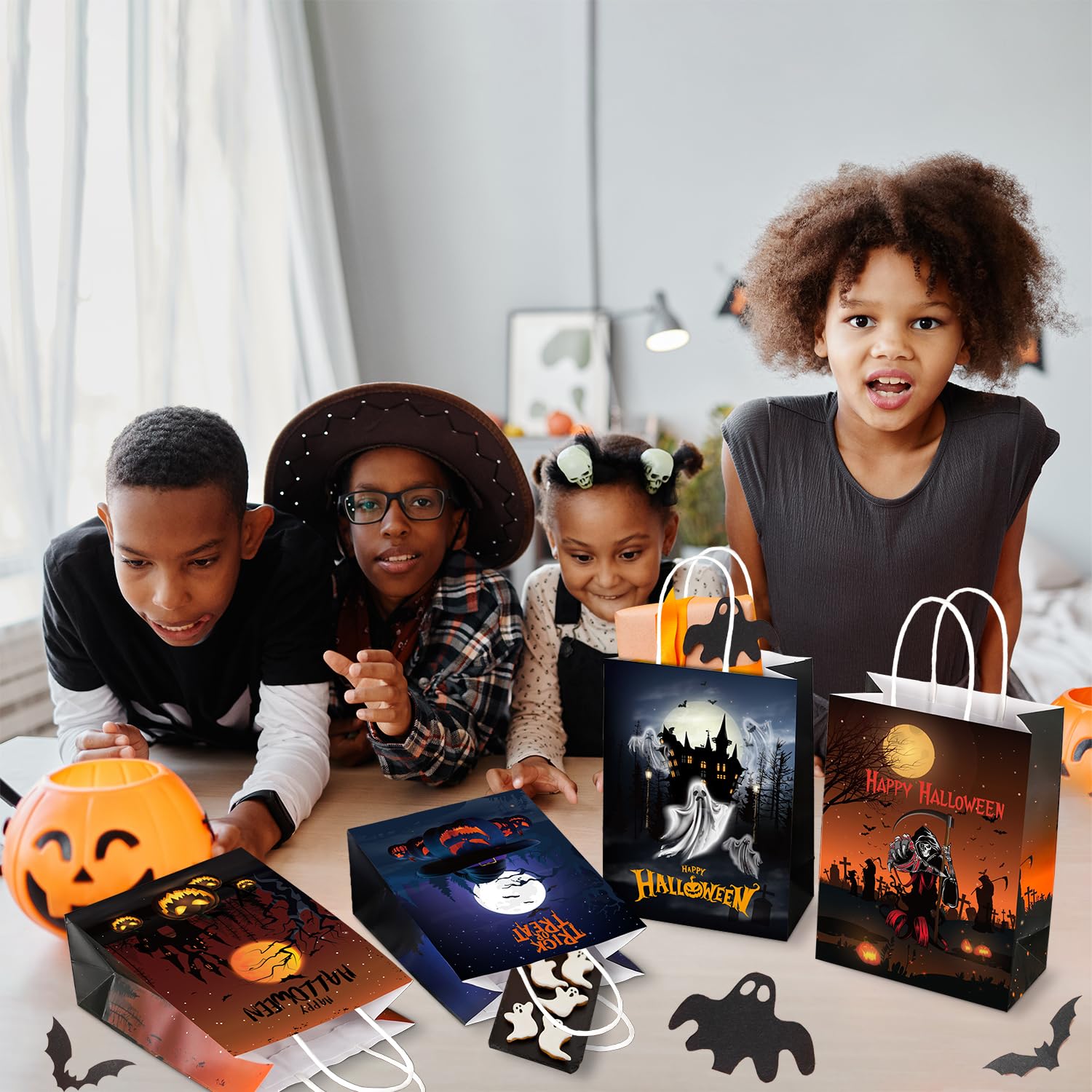 BLEWINDZ 24Pcs Halloween Gift Bags with Tissues - Orange & Black Treat Bags with Handles for Trick or Treat, Halloween Party Favors - Perfect for Kids & Adults Halloween Celebrations, Classroom Treats & Candy Distribution