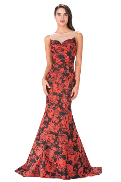 Elizabeth K Illusion Bateau Neckline Floral Print Formal Gown - Red, Size L | Elegant Evening Dress for Prom, Wedding Guest & Special Occasions