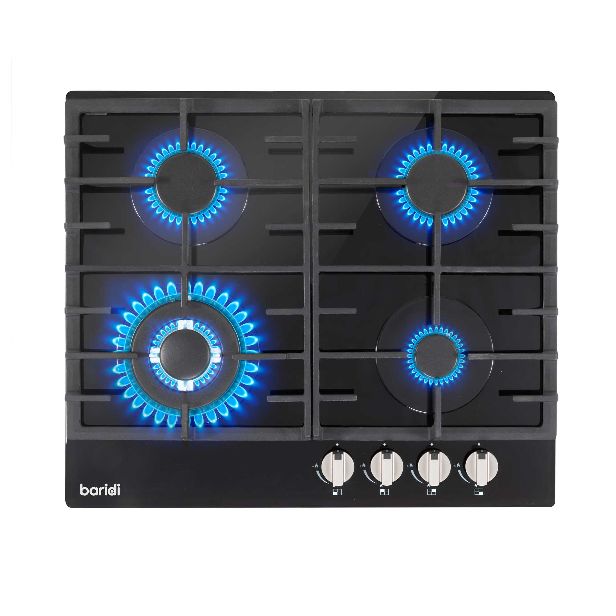 Baridi 60cm Built-In Gas on Glass Hob - 4 Burner with Cast Iron Pan Supports, Black Glass - Perfect for Modern Kitchens & Home Cooking (Model DH226)
