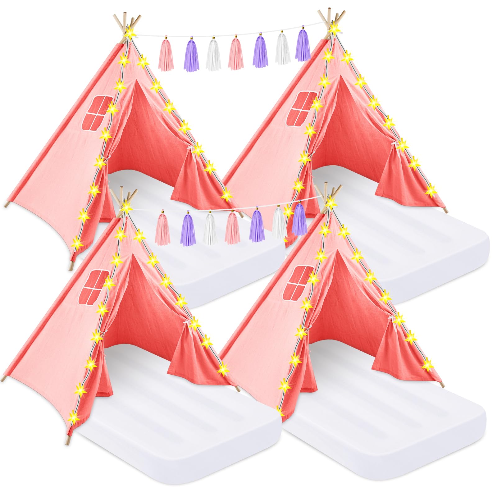 PLULON 4 Pack Pink Teepee Tent for Kids - Indoor Outdoor Play Tent with Inflatable Airbed & Decorations - Perfect for Girls Slumber Parties, Sleepovers, and Backyard Camping Adventures