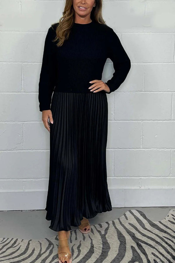 Stylish Knitted Round Neck Long Sleeve Patchwork Pleated Hem Maxi Dress for Women | Elegant Boho Chic Winter Dress | Perfect for Holiday Parties, Date Nights & Casual Outings