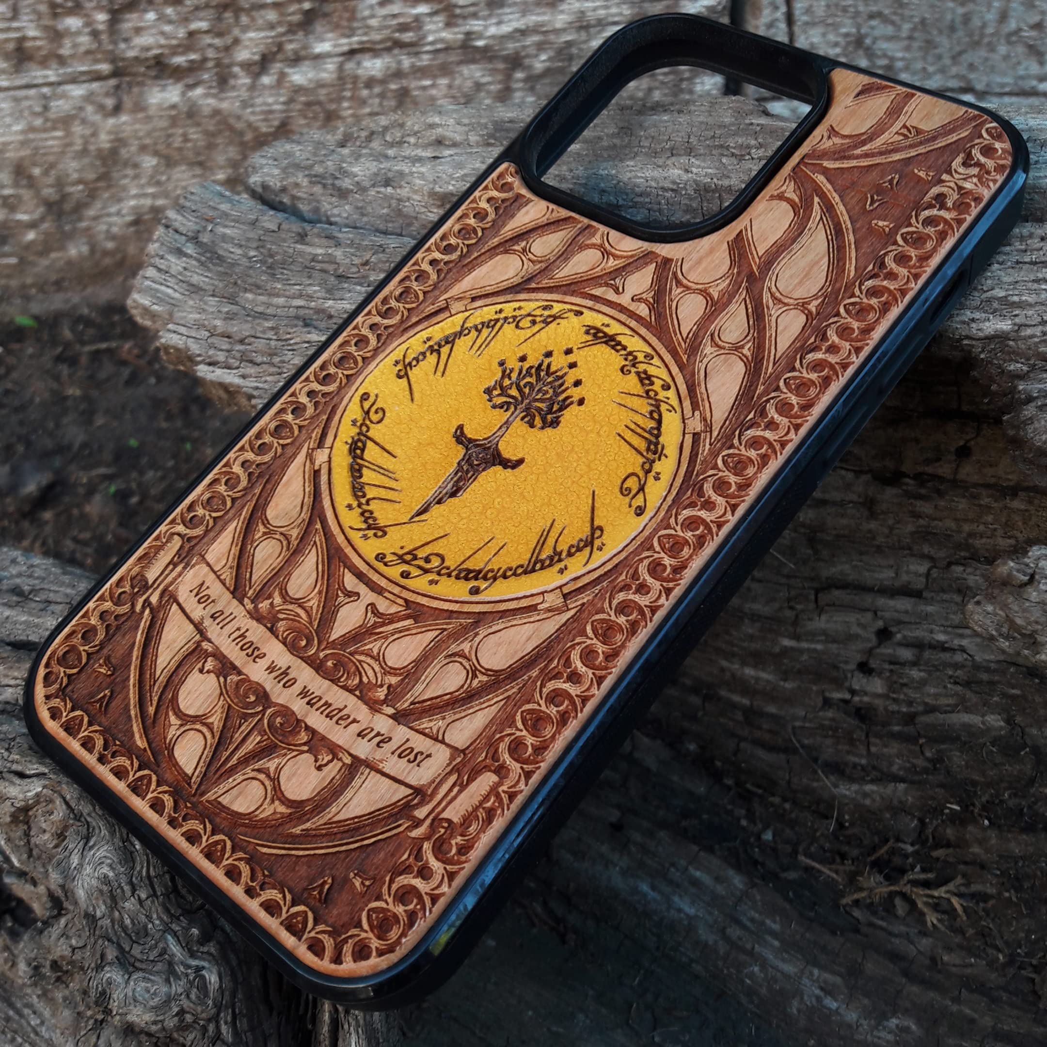 Hand-Painted Elvish Symbol Laser Engraved Wooden Phone Case for iPhone 16/15/14/13/12/11 Pro Max/Mini & Galaxy S25/S24/S23/S22/S21/S20 Ultra Plus - Eco-Friendly Slim Durable Wood Cover - Perfect for Nature Lovers & Fantasy Fans