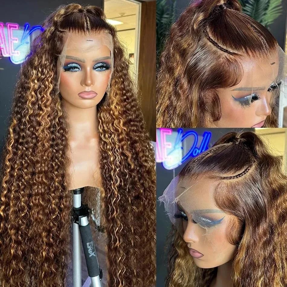 28 Inch 13x6 HD Lace Front Wig - 200% Density Human Hair Deep Wave Ombre (4/27 Honey Blonde) - Pre Plucked Hairline & Glueless Design for Women | Perfect for Daily Wear, Parties & Special Occasions