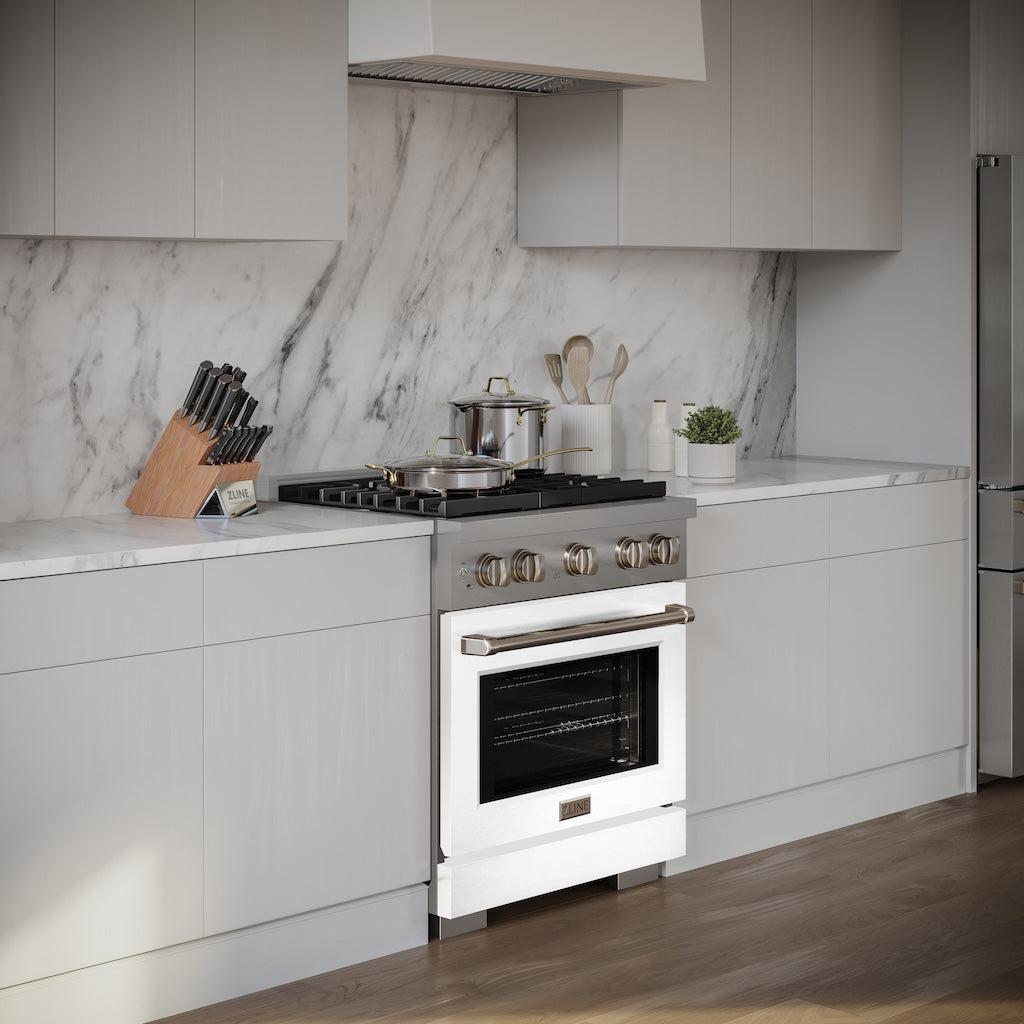 ZLINE 30-inch 4.2 cu. ft. Stainless Steel Gas Range with 4 Burner Cooktop & Convection Oven - White Matte Door (SGR WM 30) | Perfect for Modern Kitchens, Home Chefs & Entertaining