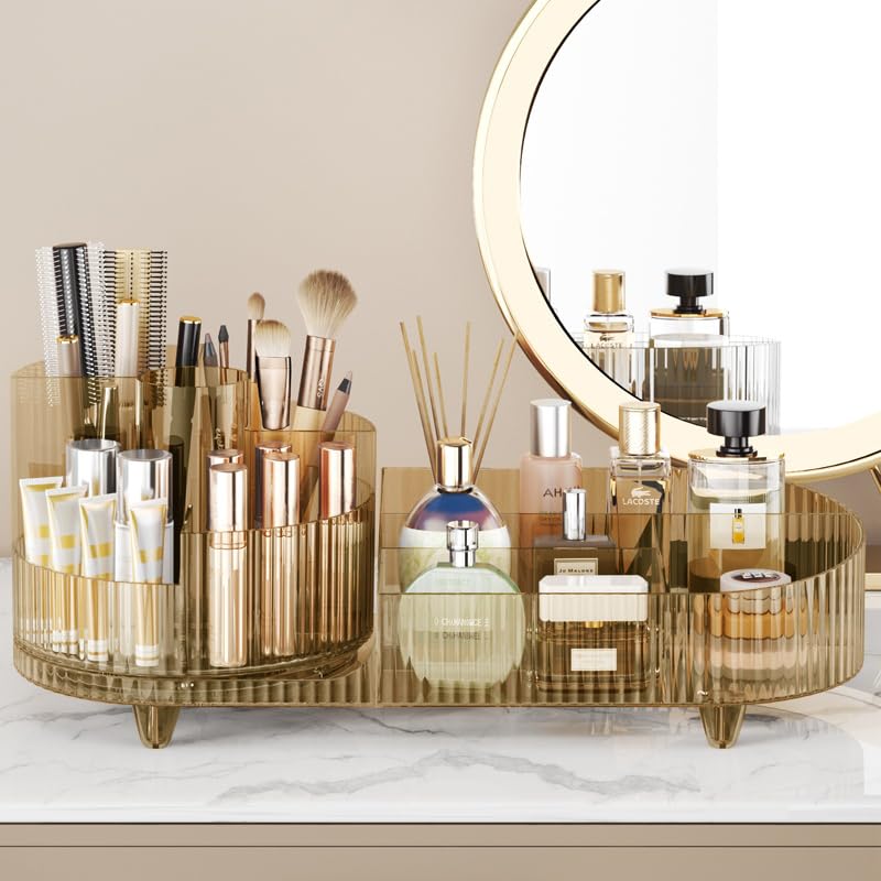 360° Rotating Makeup Organizer - Large Capacity Cosmetic Display Case with Crystal Amber Design | Holds 20+ Makeup Brushes, 10 Lipsticks & 8 Skincare Products | Perfect for Vanity, Bathroom & Travel Organization