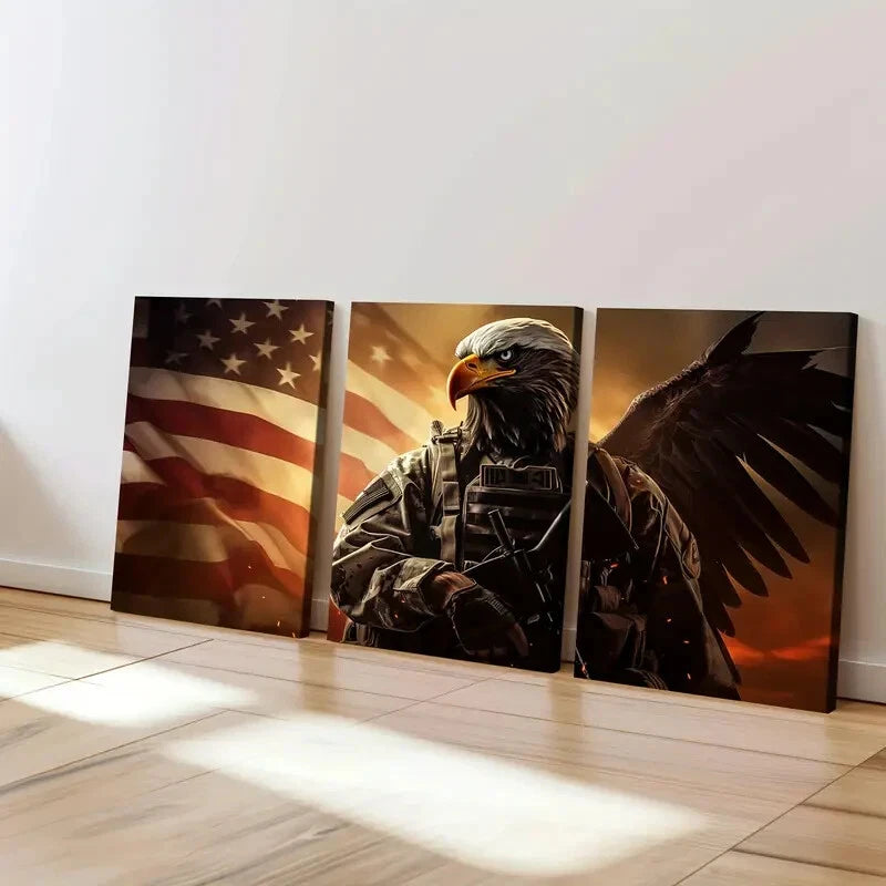 3-Piece Abstract Bald Eagle Flying with American Flag Wall Art Set - Framed Canvas 40x60cm (16x24in) - High Quality Print - 100% Australian Made - Ready to Hang - Perfect for Living Room, Office, or Patriotic Home Decor