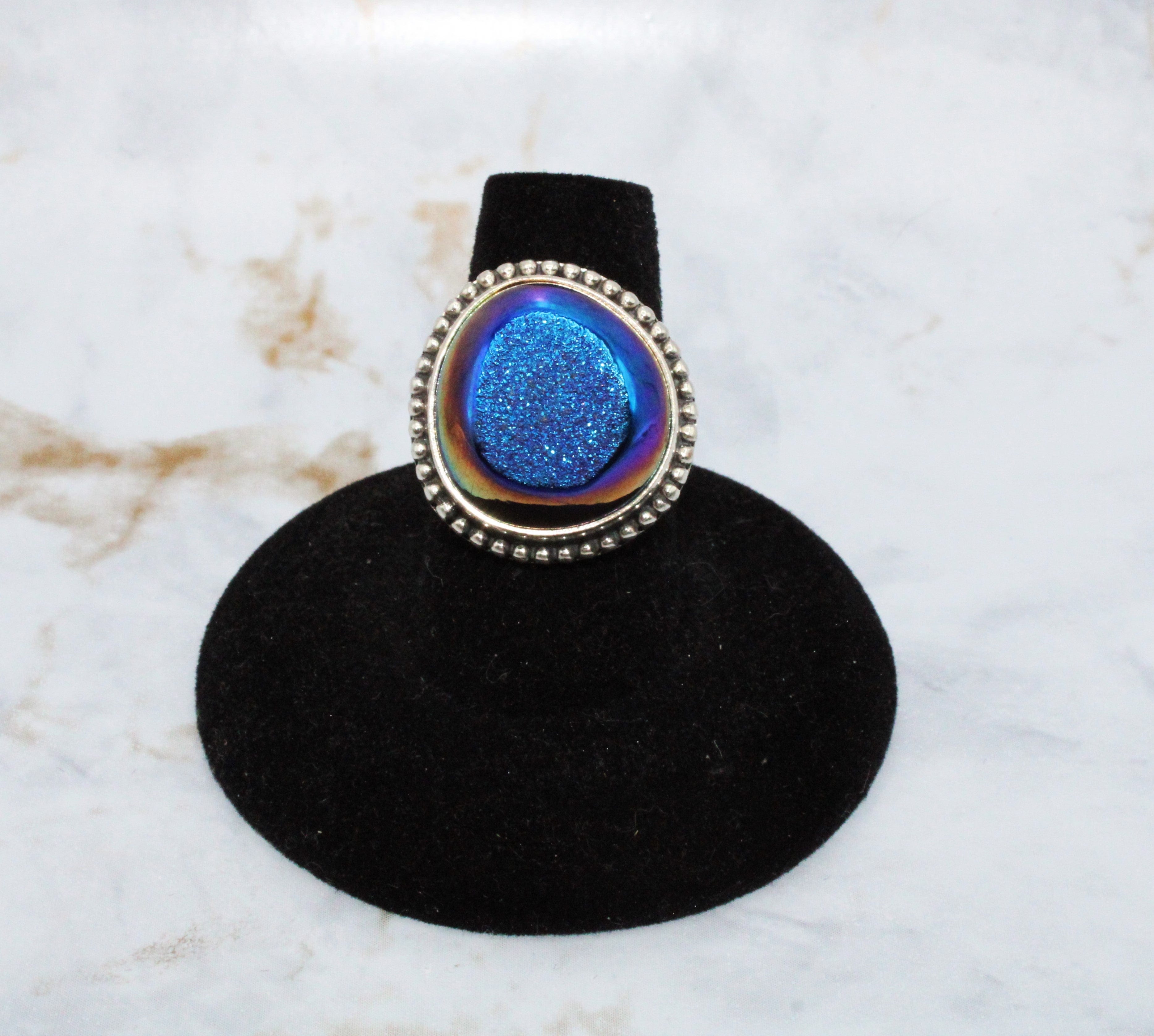 Aura Druzy Ring for Women - Size 7.5 Sterling Silver Adjustable Statement Jewelry - Perfect for Weddings, Parties & Everyday Elegance