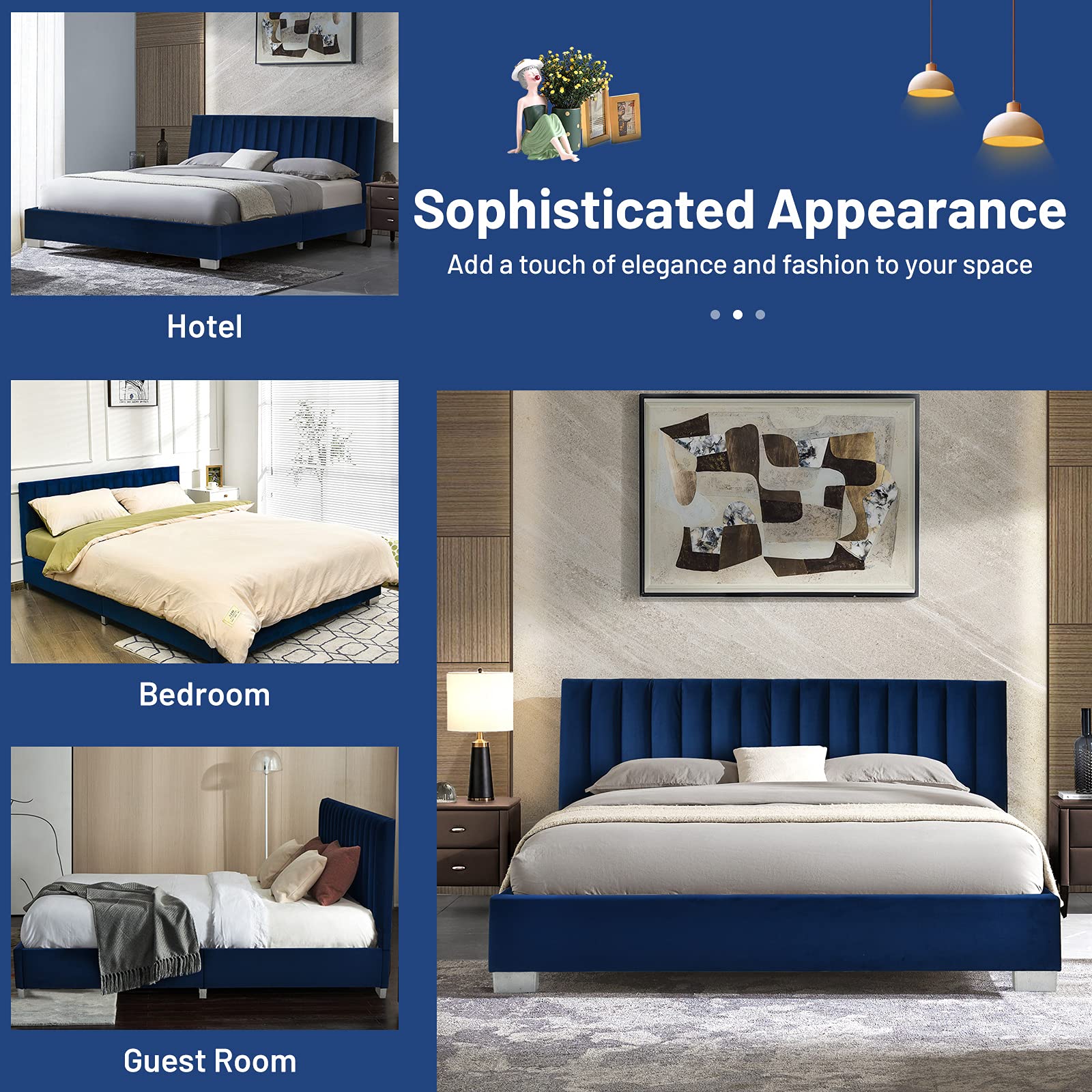 Giantex Full Size Bed Frame with Headboard - Vertical Tufted Upholstered Platform Bed with Heavy Duty Wood Slats Support | No Box Spring Needed | Easy Assembly | Navy Blue | Perfect for Modern Bedrooms, Guest Rooms & Small Spaces
