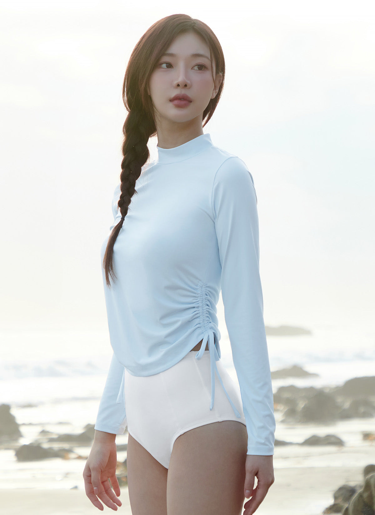 Summer Glow Side Shirring Rash Guard - UPF 50+ Sun Protection Swim Shirt for Women, Perfect for Beach, Surfing & Pool Activities