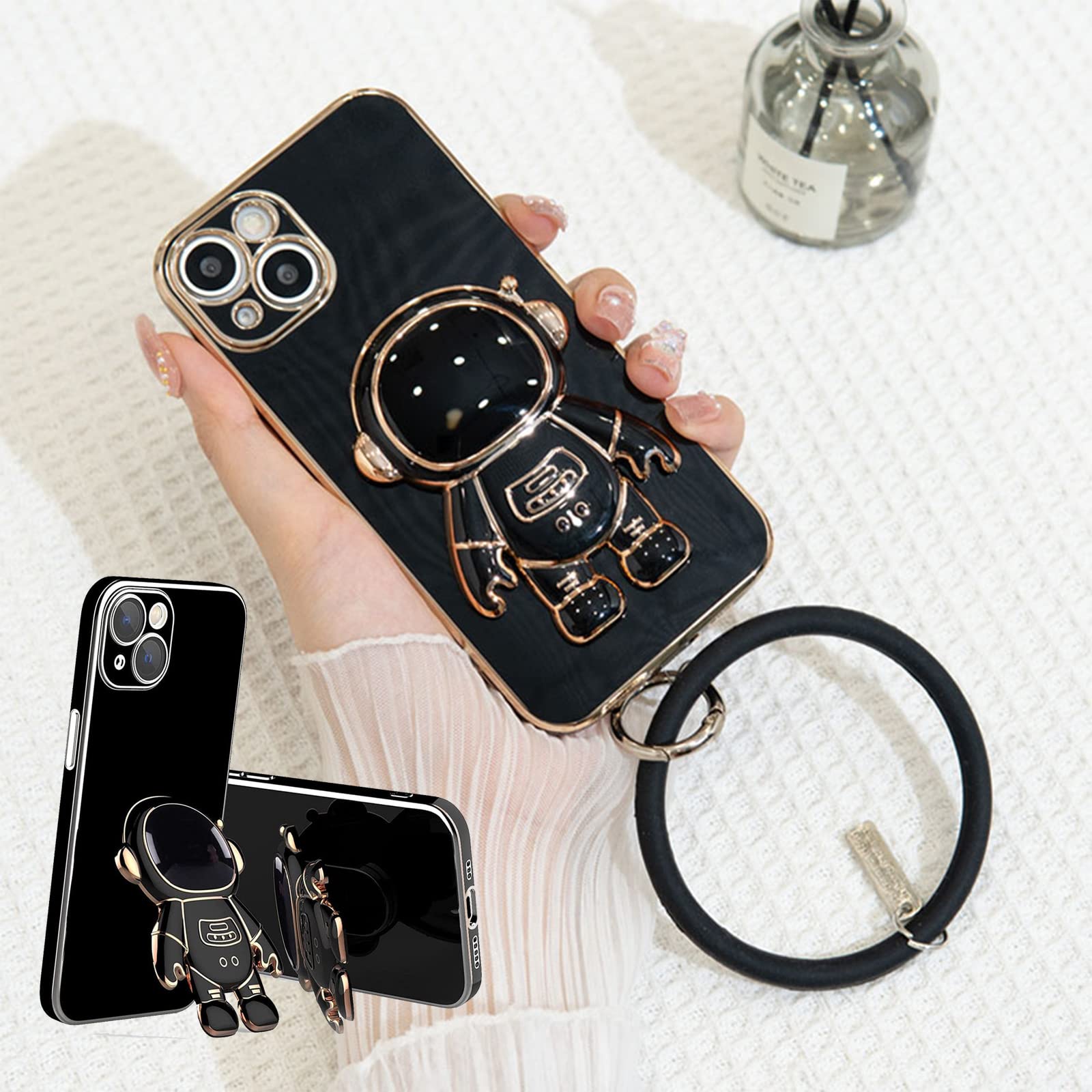6D Plating Astronaut Hidden Stand Phone Case for iPhone Xs Max - Shockproof, Anti-Drop with Lens Protector & Silicone Bracelet (Black) | Perfect for Space Enthusiasts & Outdoor Adventures