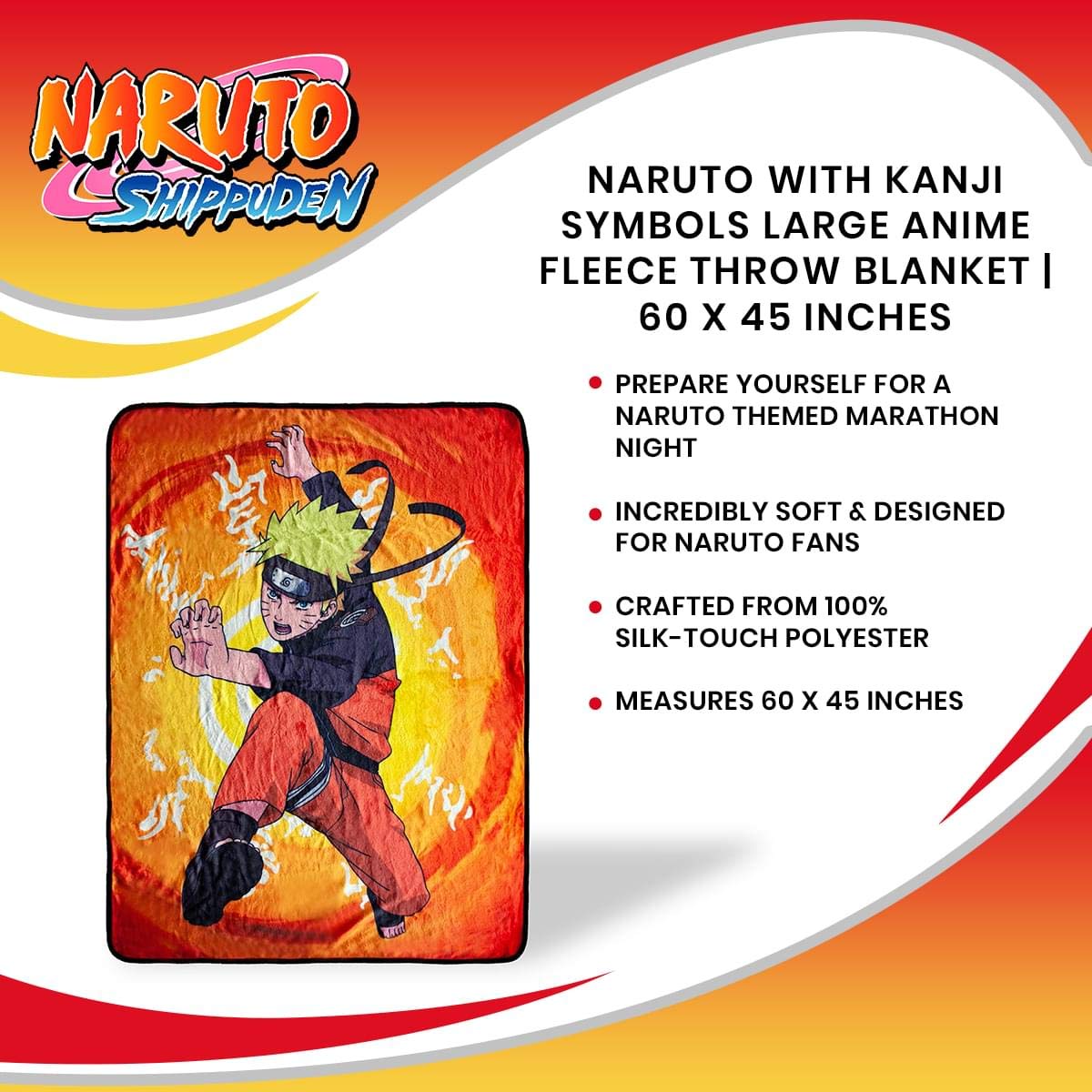 Naruto Anime Fleece Throw Blanket with Kanji Symbols - 60