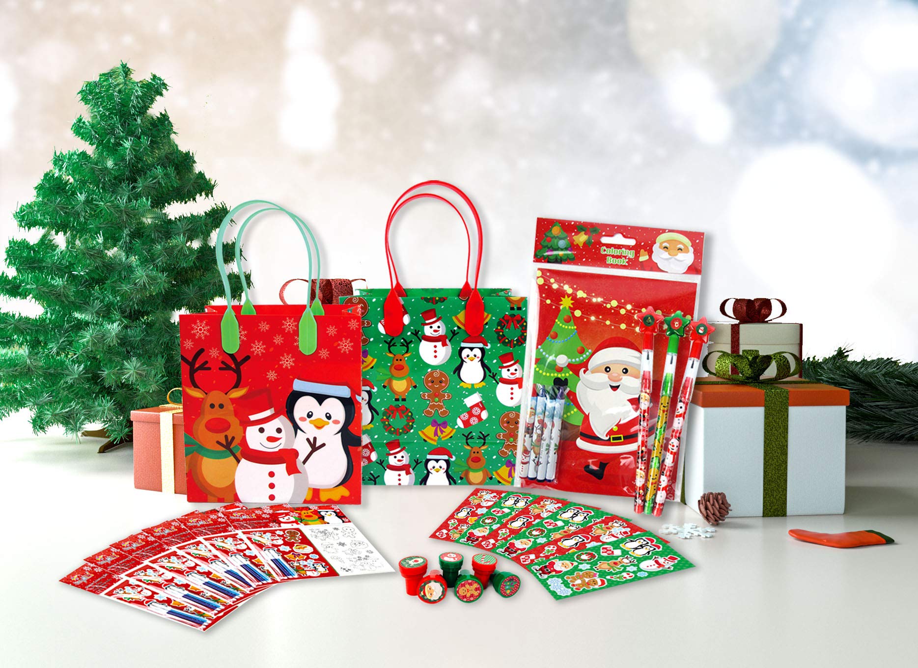 TINYMILLS Christmas Party Favor Bags with Handles - 12 Pack Holiday Treat Bags for Candy, Gifts & Party Supplies | Perfect for Christmas Celebrations, School Events & Office Parties