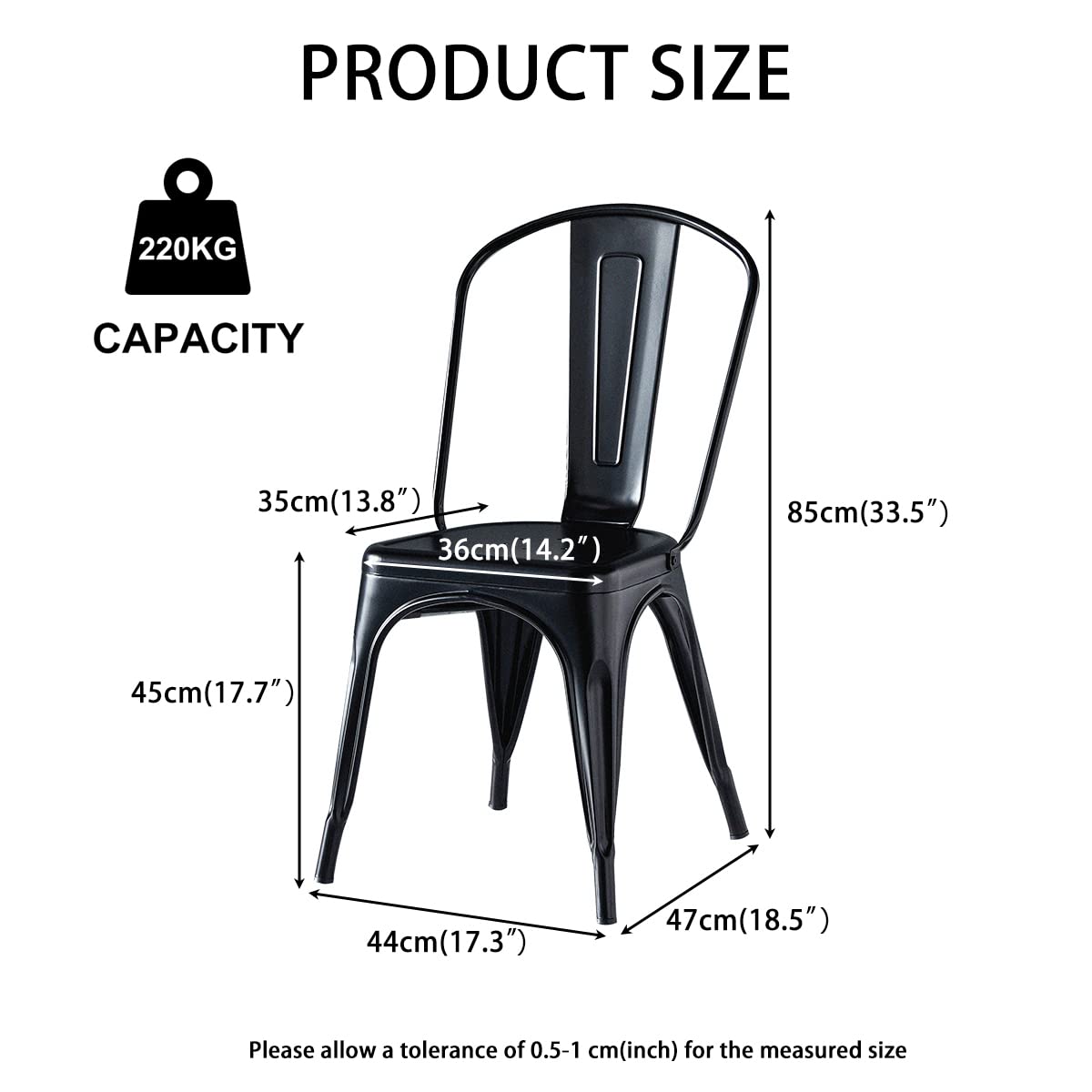 Hironpal 4-Pack Stackable Metal Dining Chairs with Detachable Backrest - Matte Black Tolix Style Chairs for Kitchen, Dining Room, Bistro & Cafe | Indoor & Outdoor Use, Commercial & Home Decor