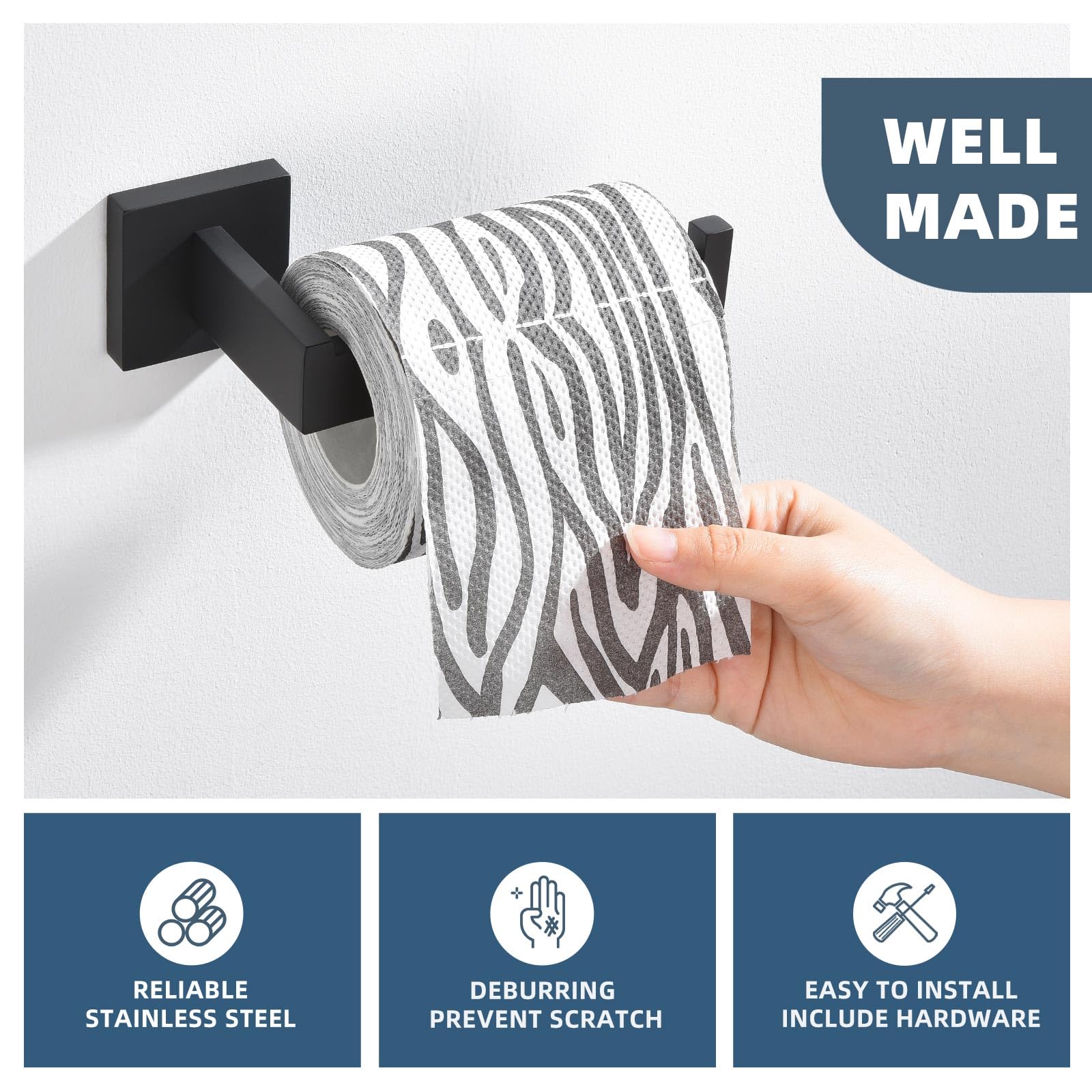 Matte Black Stainless Steel Toilet Paper Holder - Open Sided Wall Mount Bathroom Tissue Roll Hanger | Simple Angle Design for Modern Home & Office Restrooms