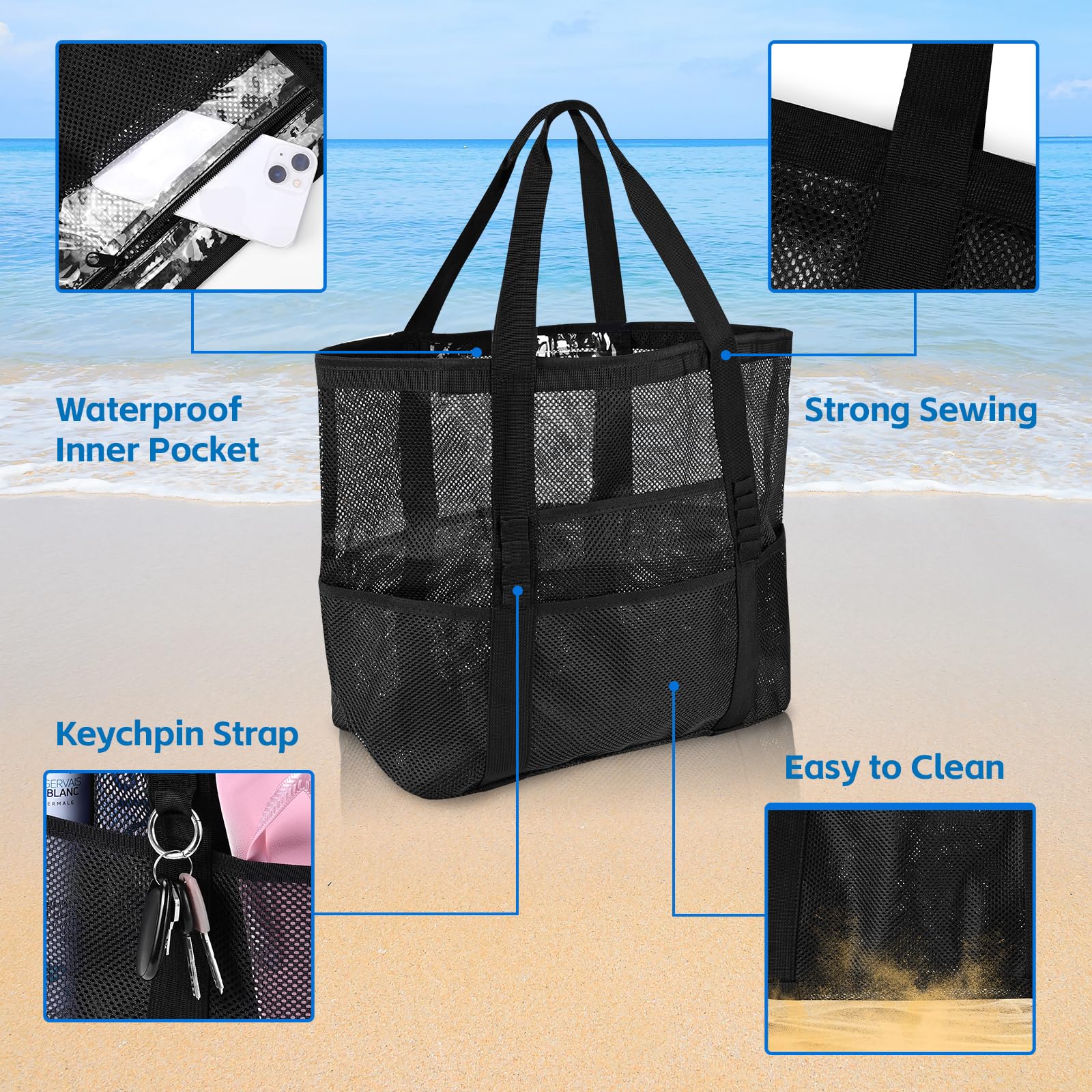 iioscre Mesh Beach Tote Bag for Women - Large Waterproof Casual Hobo Bag for Pool, Beach & Travel | Perfect for Swimming, Vacation Essentials & Summer Outings
