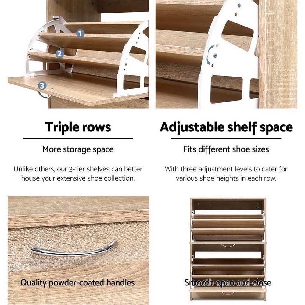 24-Pair Shoe Storage Cabinet - Oak Wood Shoe Organizer Rack with Shelf for Entryway, Closet & Bedroom Organization