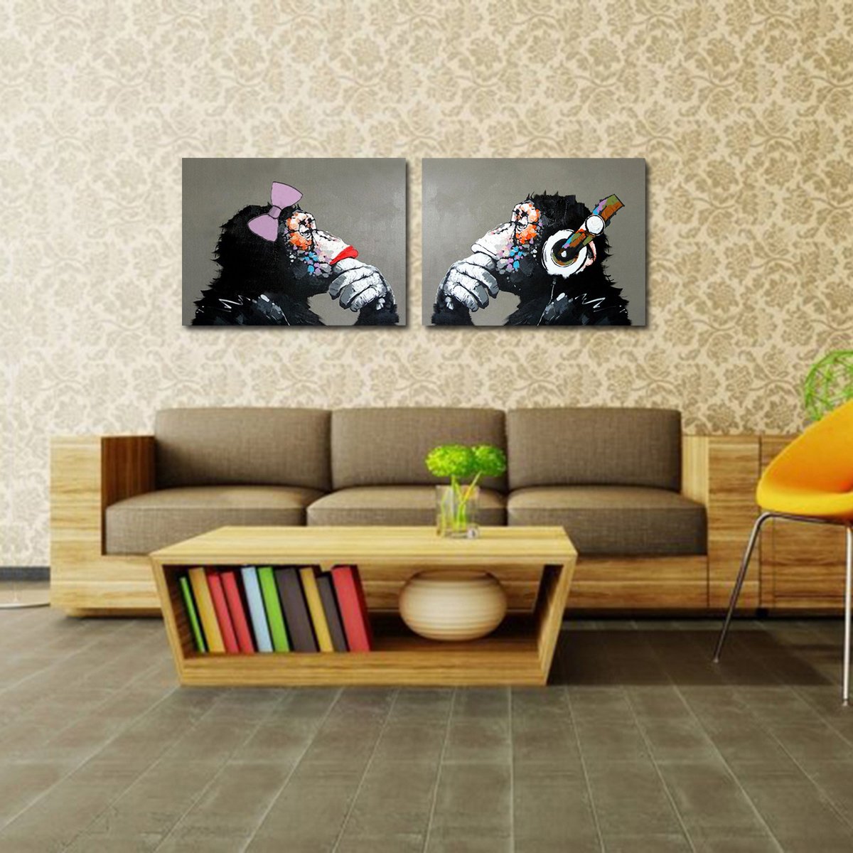 Hand Painted Monkey with Headphones Oil Painting on Canvas - Large Wall Art for Living Room Decor (24x32 Inches, Set of 2) | Ready to Hang Modern Artwork for Home, Office & Gift Giving