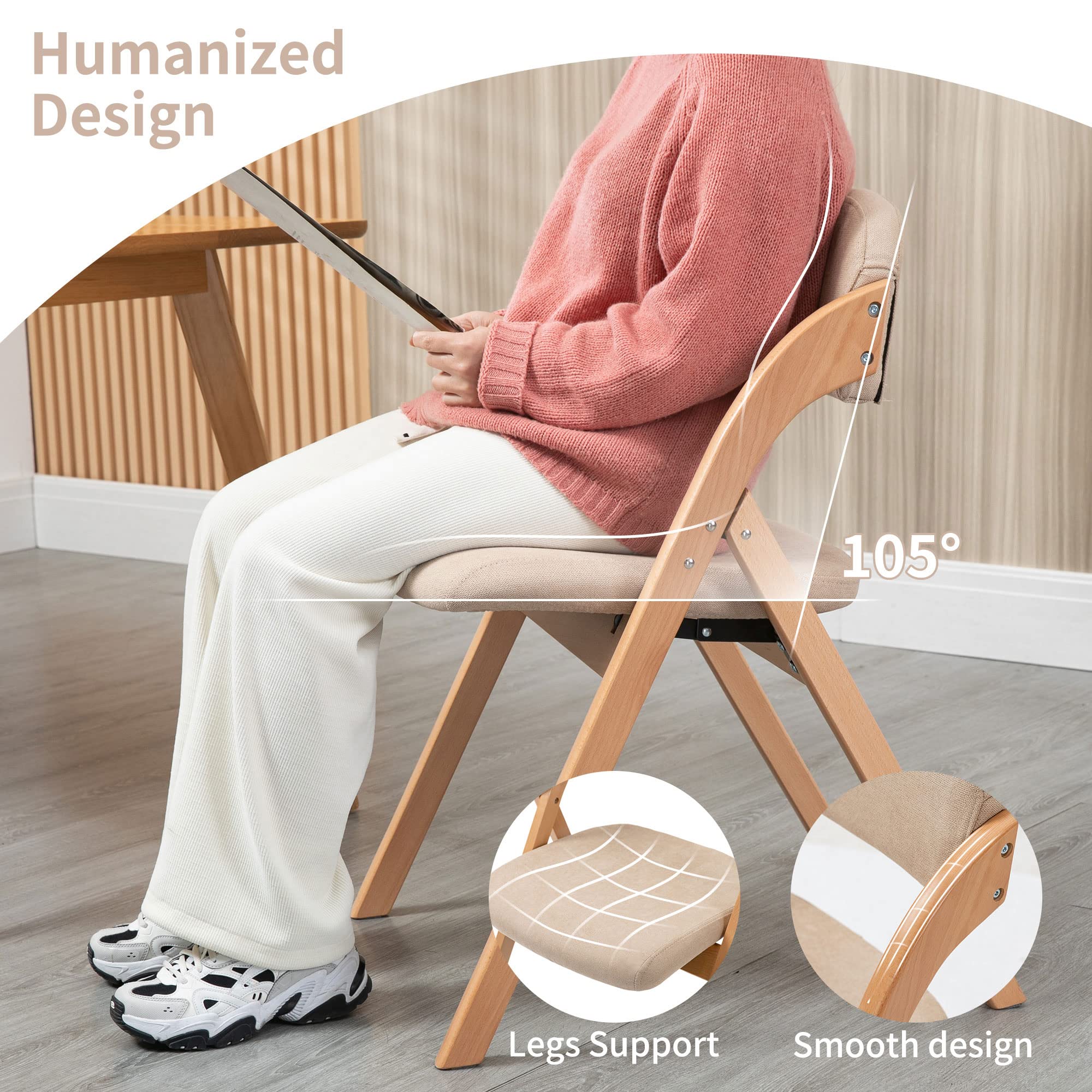 HOMEFUN 2-Pack Wooden Folding Chairs with Padded Seats & Removable Covers - Stackable Dining Chairs for Kitchen, Office, Wedding, Party, Picnic - Perfect for Guest Seating & Space Saving (Khaki)