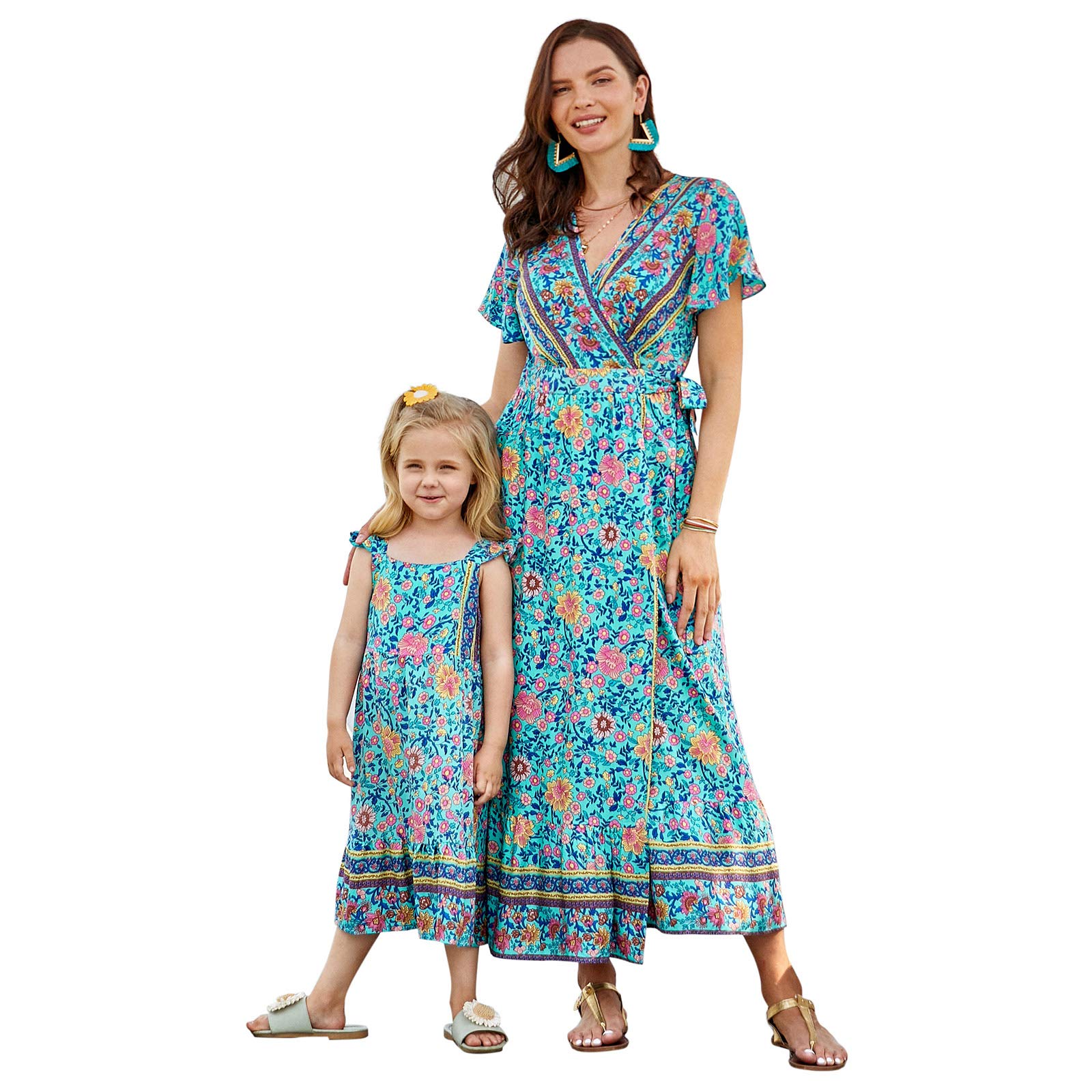 PopReal Mommy and Me Dresses - Boho Casual Maxi & Summer Short Dresses with V-Neck Wrap & Floral Print - Perfect for Family Photos, Beach Vacations, and Outdoor Events