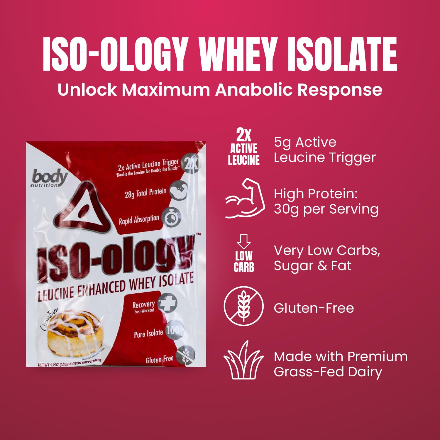ISO-Ology Leucine-Enhanced Whey Isolate Protein Powder - Gluten Free, Low Sugar & Low Carb Whey Protein for Men & Women - Cinnabun Flavor (34g) - Perfect Post-Workout Recovery Shake for Muscle Growth & Fitness Goals