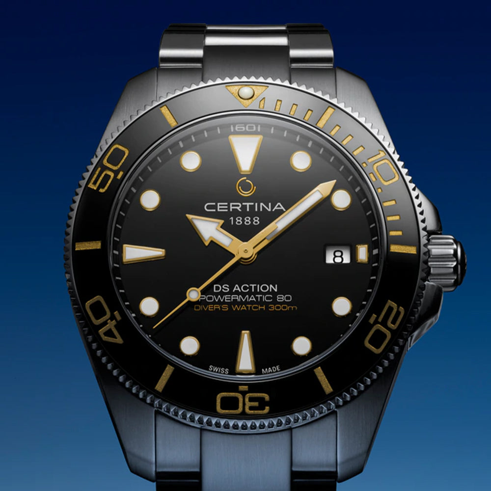 DS Action Diver 40.5mm Black Stainless Steel Bracelet Watch - Perfect for Scuba Diving, Water Sports & Everyday Wear
