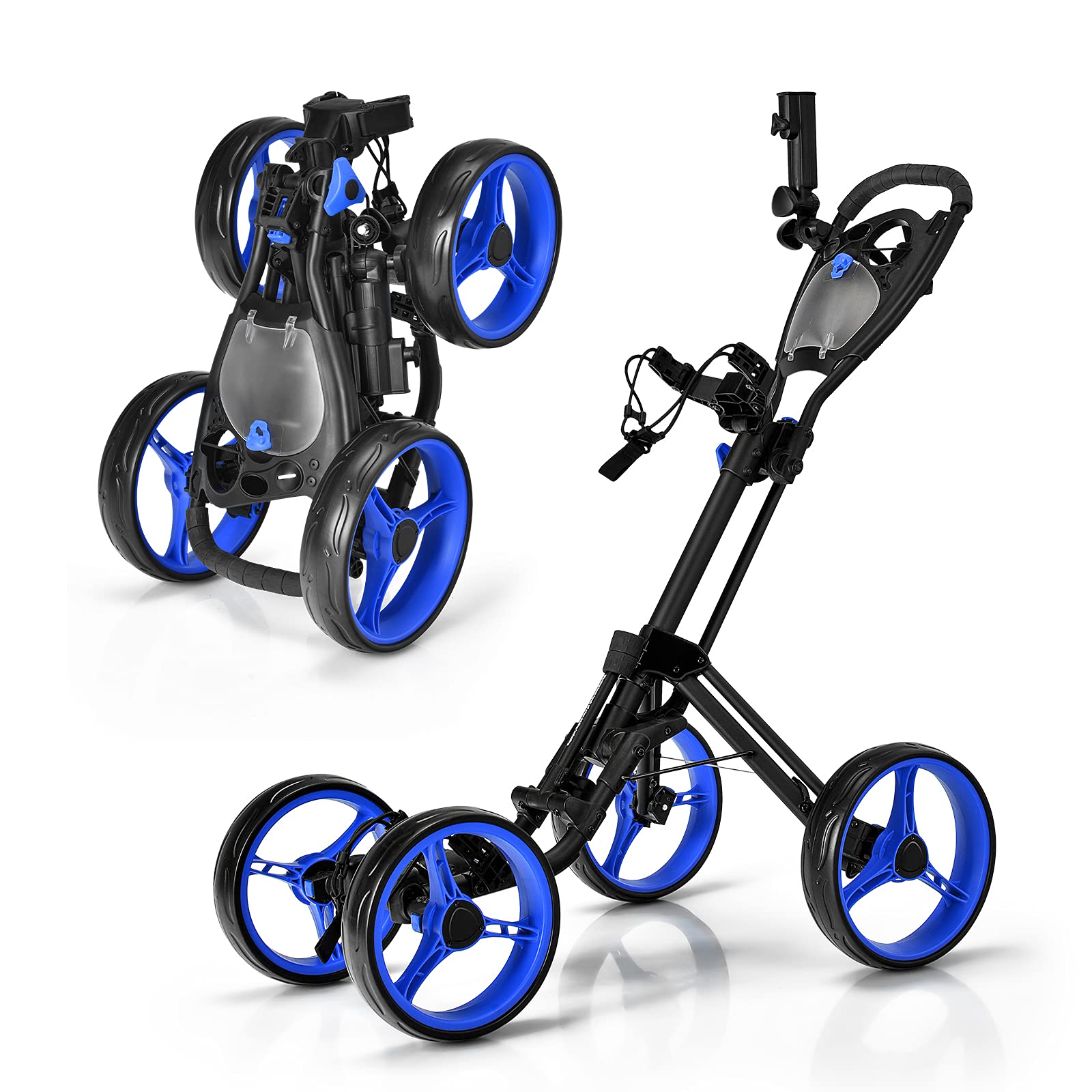 GYMAX 4 Wheel Folding Golf Push Cart - Adjustable Height, Lightweight & Portable Golf Trolley with Umbrella Holder, Cup Holder & Foot Brake - Perfect for Adults & Teenagers on the Golf Course, Driving Range or Practice Sessions