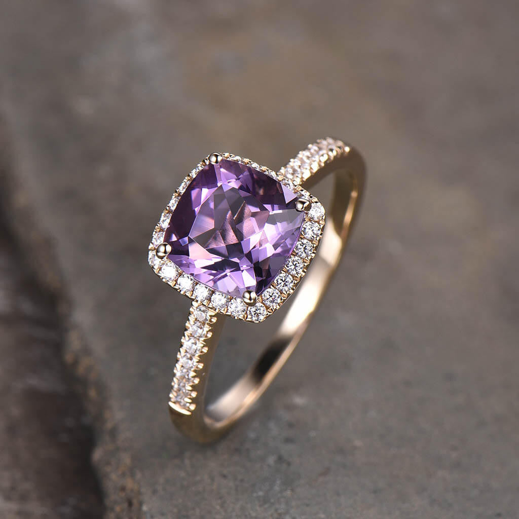 Exquisite Purple Amethyst Diamond Halo Engagement Ring - Cushion Cut Gemstone Jewelry for Weddings, Proposals & Anniversary Gifts