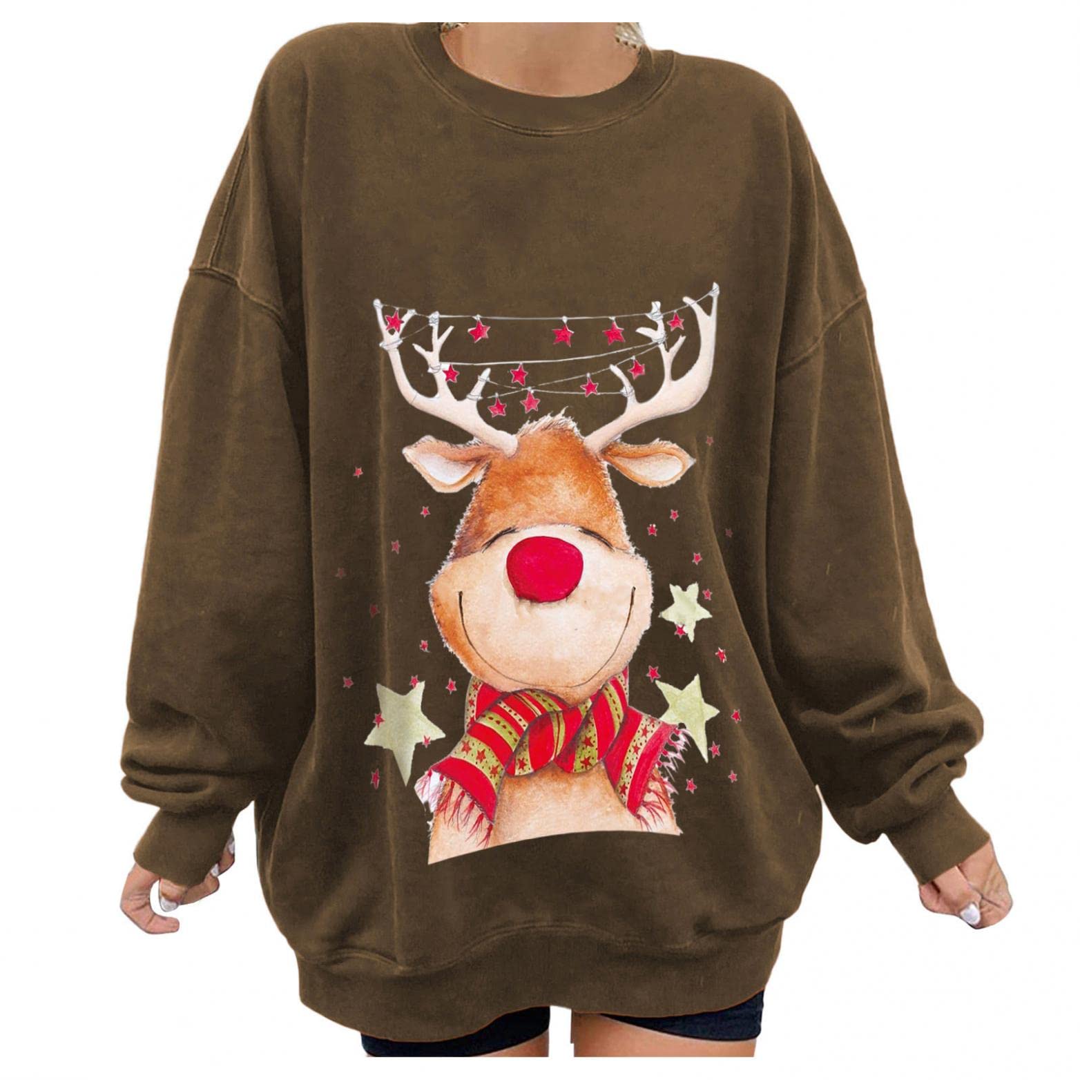 Women's Christmas Tops - Oversized Cute Elk Print Long Sleeve Casual Shirts & Blouses | Holiday Party, Family Gathering, Winter Fashion Outfits