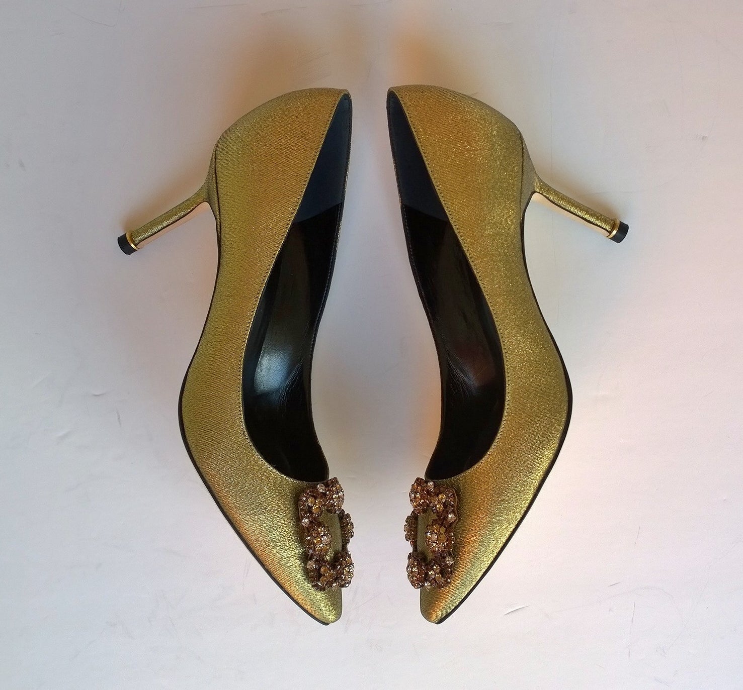 Manolo Blahnik Hangisi 70 Gold Heels with Rhinestone Buckle - Luxury Women's Pumps for Weddings, Parties & Special Occasions