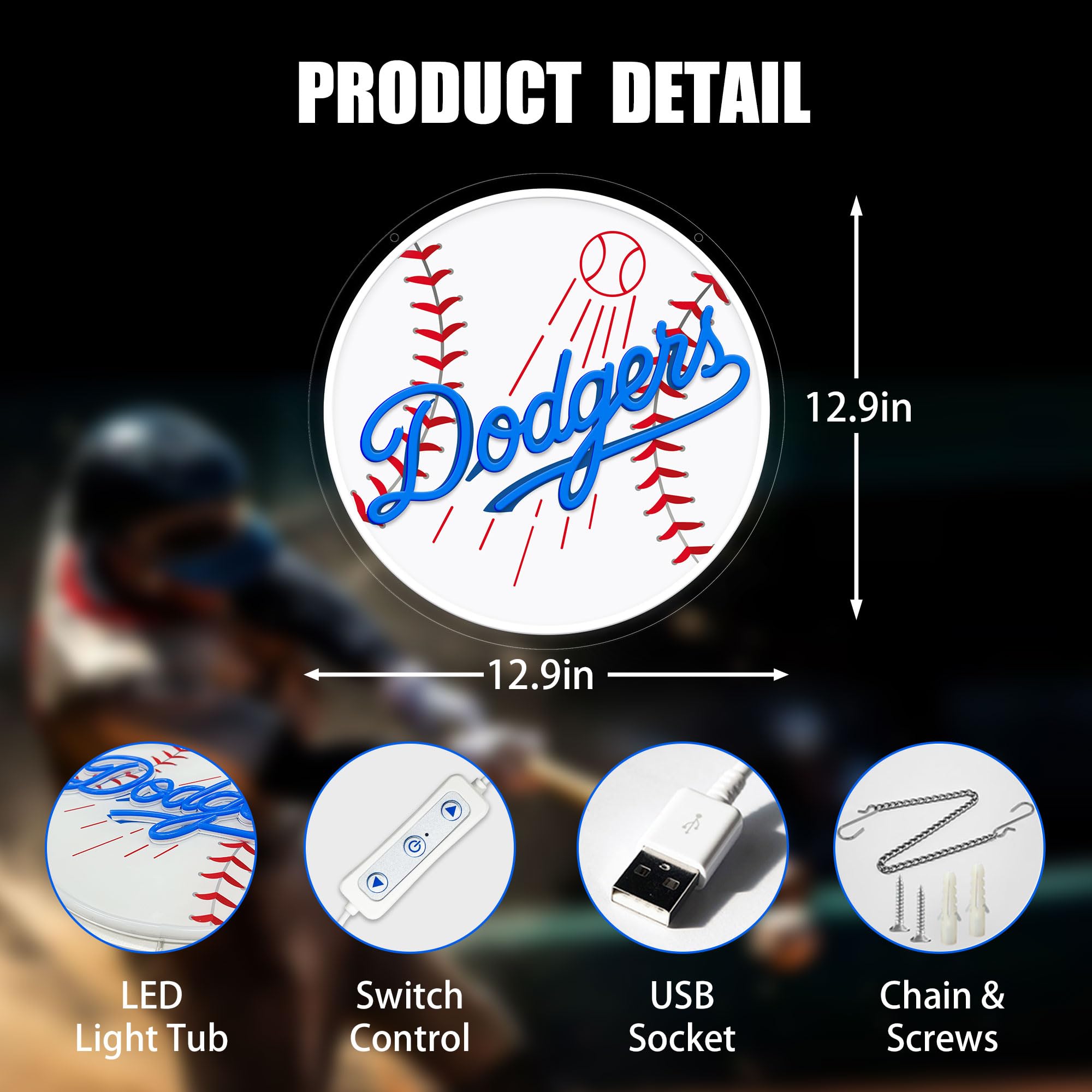 Baseball Neon Sign - Dimmable LED Wall Decor for Sports Fans, Boys Room, Bar & Bedroom | Perfect Gift for Dodgers Fans, Kids & Friends | Great for Game Nights, Themed Parties & Christmas Decorations
