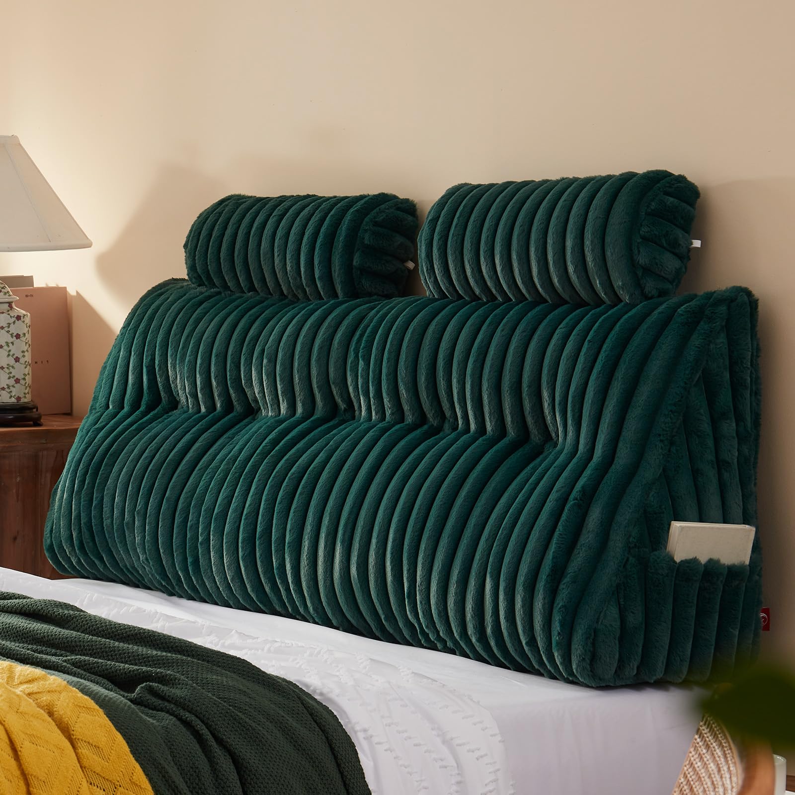 Faux Fur Headboard Pillow with 2 Neck Roll Pillows - Queen Size Soft Supportive Bed Backrest with Removable Cover (Green) for Bedroom Decor, Reading in Bed & Cozy Relaxation
