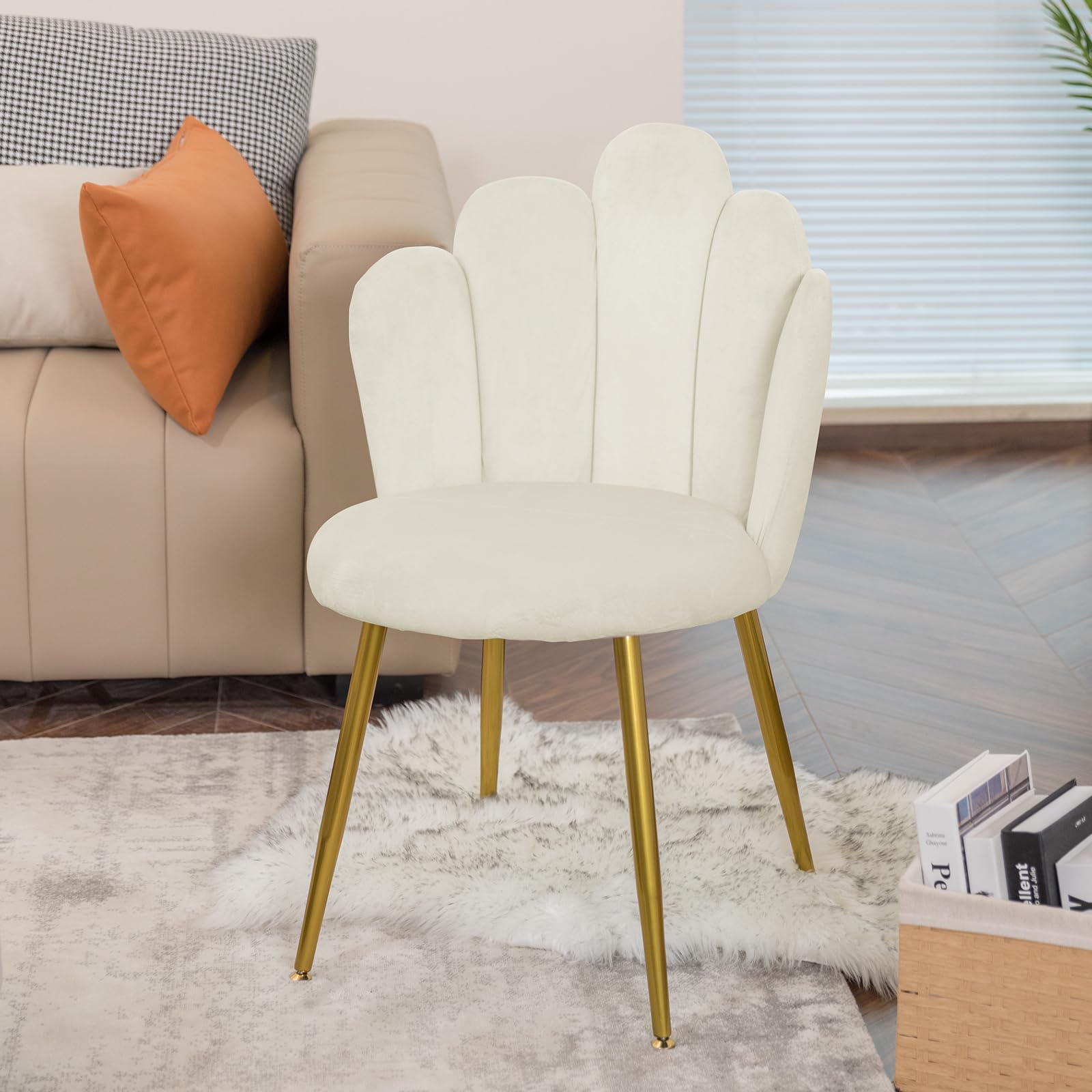 Midcentury Modern Velvet Vanity Chair with Gold Legs - Cream Makeup Chair with Back Support for Bedroom, Living Room & Dressing Room | Perfect for Glamorous Makeup Sessions & Elegant Home Decor