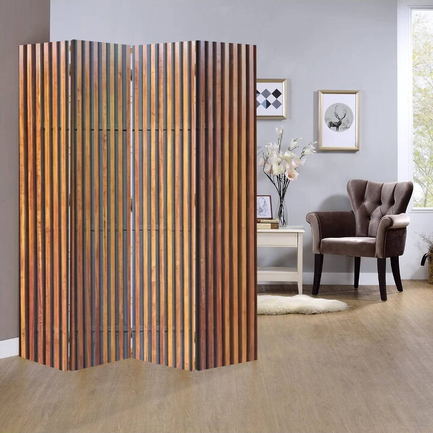 Brown Teak Wood Texture Room Divider - Modern Abstract Folding Screen Privacy Partition with 4 Panels, Dual-Sided Wall Divider & Display Shelves for Home Office, Living Room, and Bedroom Privacy