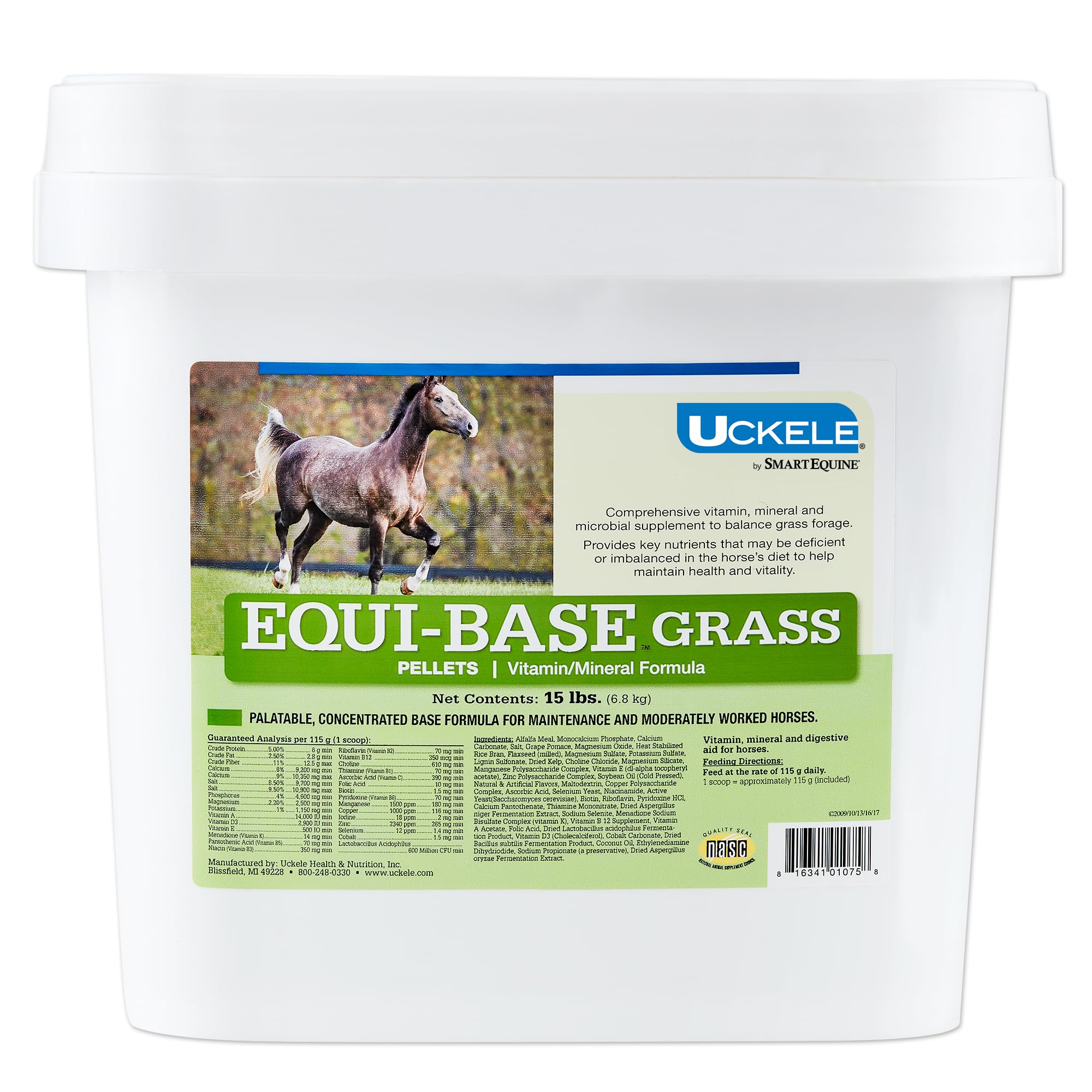 SmartEquine EquiBase Grass Pellets - Premium Horse Vitamins & Minerals Supplement | Forage Balancer for Light to Moderate Work Horses | 15 lb Bucket | Ideal for Pasture Grazing & Stable Feeding
