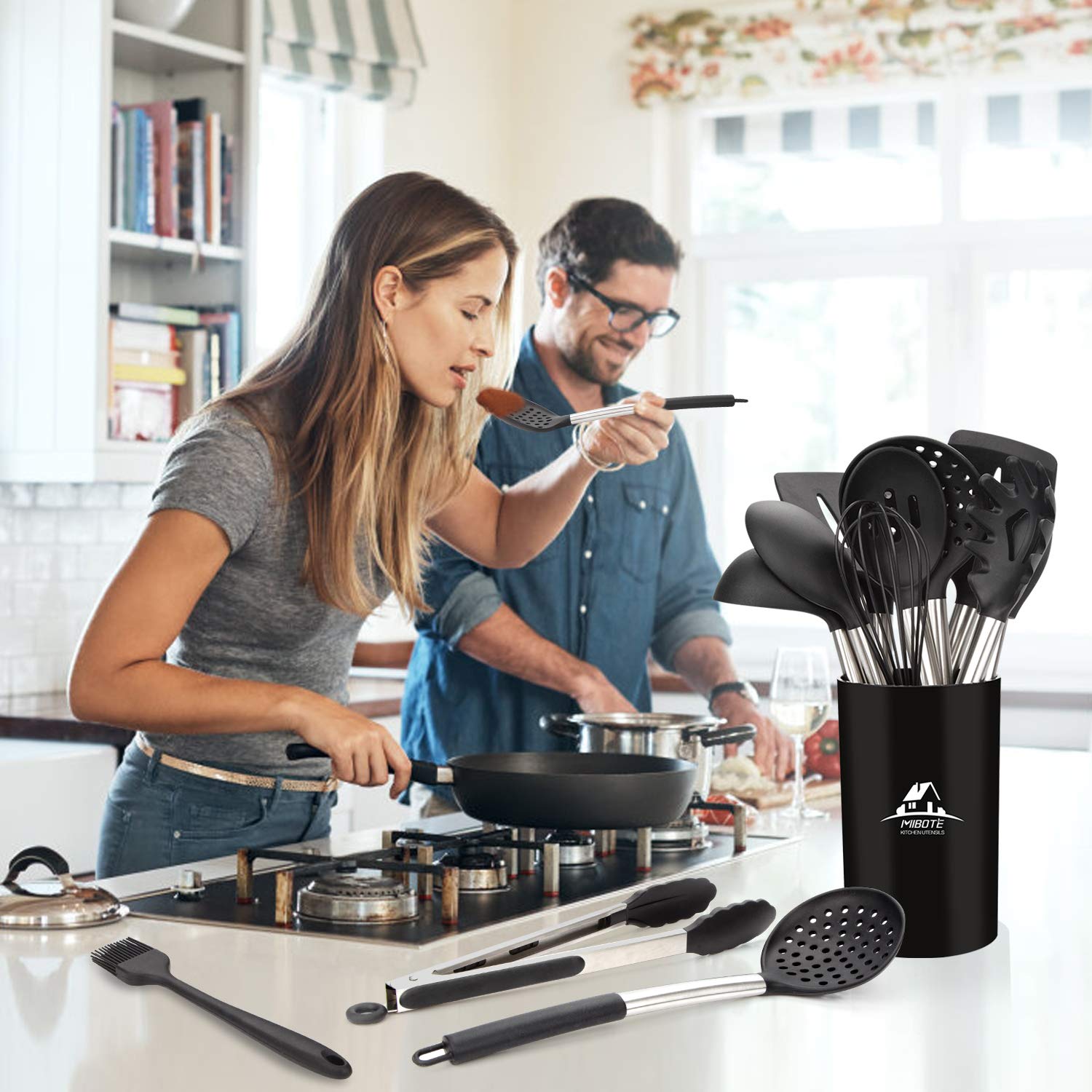 **MIBOTE 12-Piece Silicone Kitchen Utensils Set - BPA-Free, Heat Resistant Cooking Tools with Stainless Steel Handles - Perfect for Non-Stick Pans, Baking, and Everyday Cooking (Black)**