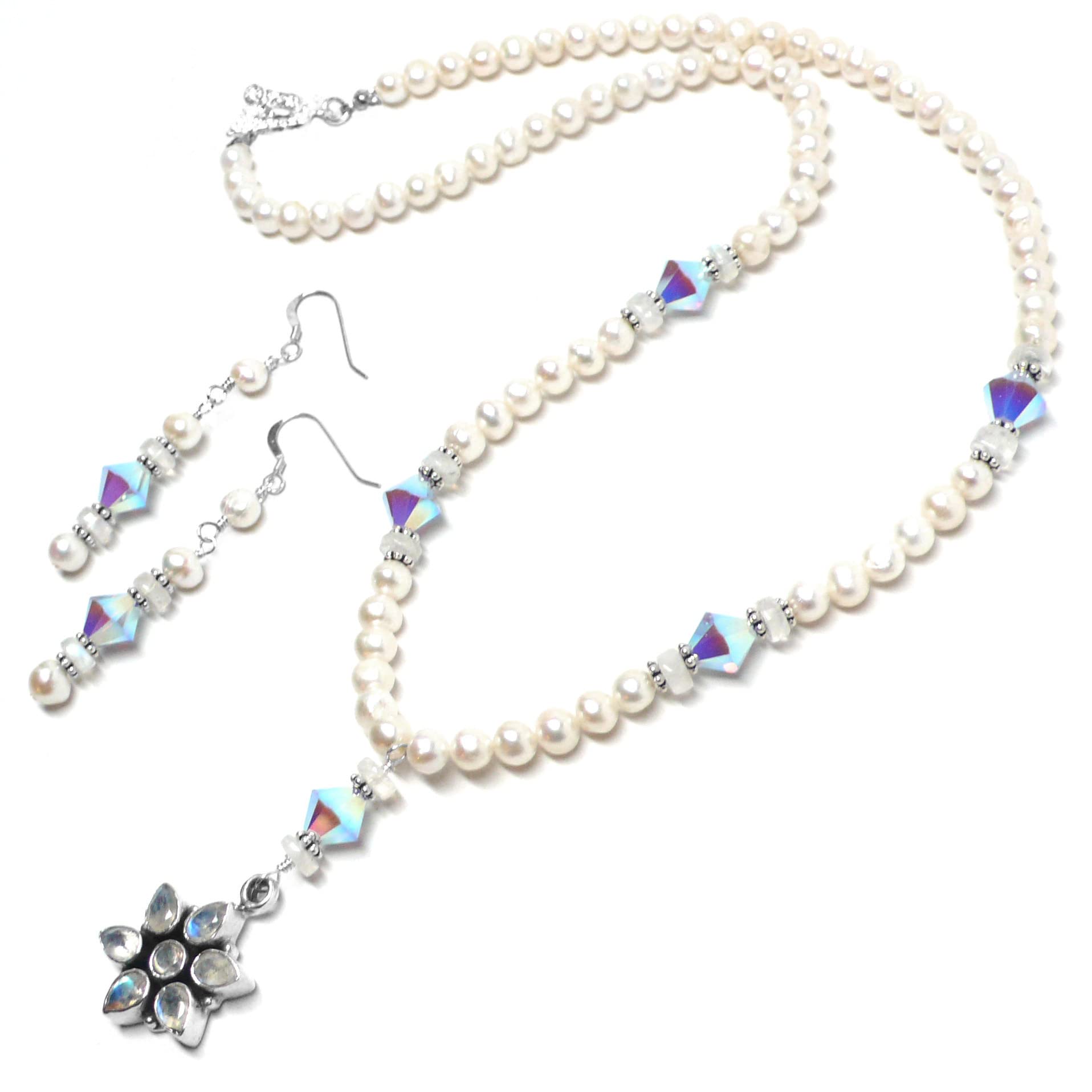 Moonstone Crystal & Sterling Silver Cultured Freshwater Pearl Earrings for Women - Elegant Dangle Earrings for Wedding, Party & Special Occasion Jewelry Gifts