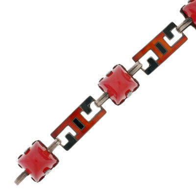 Vintage Art Deco Sterling Silver Enamel & Faux Carnelian Link Bracelet - Elegant 1920s Style Jewelry for Women, Perfect for Parties, Weddings & Special Occasions